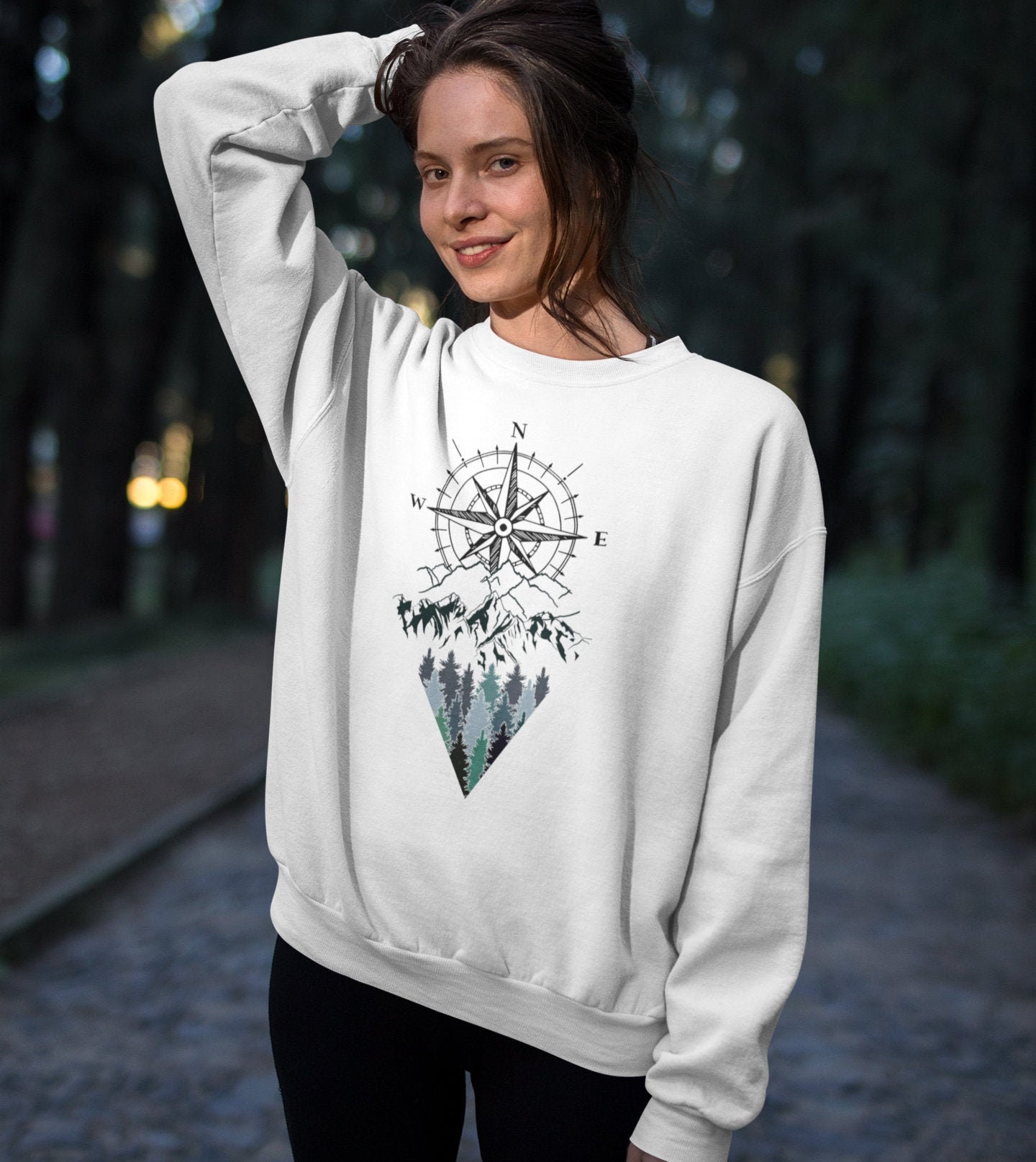 Adventure Awaits | Unisex Heavy Blend Crewneck Sweatshirt/Hoodie Mountains Compass Camping Hiking Nature Lover Pine Forest