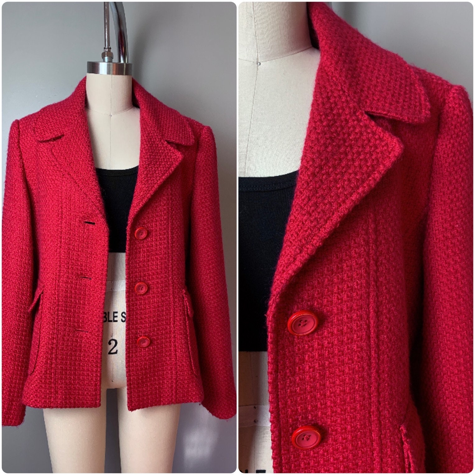 90S Wool Blend Blazer//1990S Cherry Red Waffle Knit Jacket, Women's Size M
