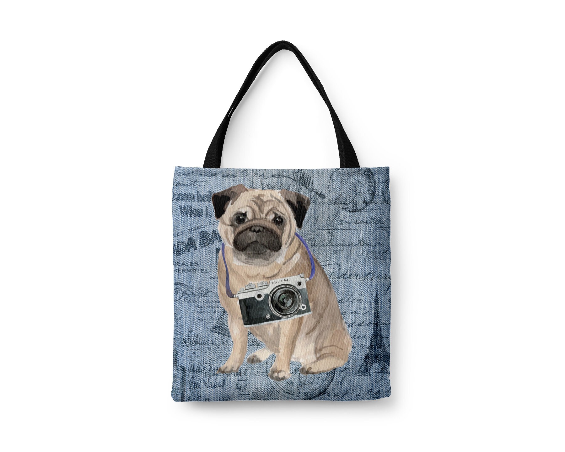 Pug Dog Tote Bag Illustrated Dogs & 6 Denim Inspired Styles. All Purpose Ideal For Shopping. Chinese Pug, Dutch Bulldog, Mini Mastiff