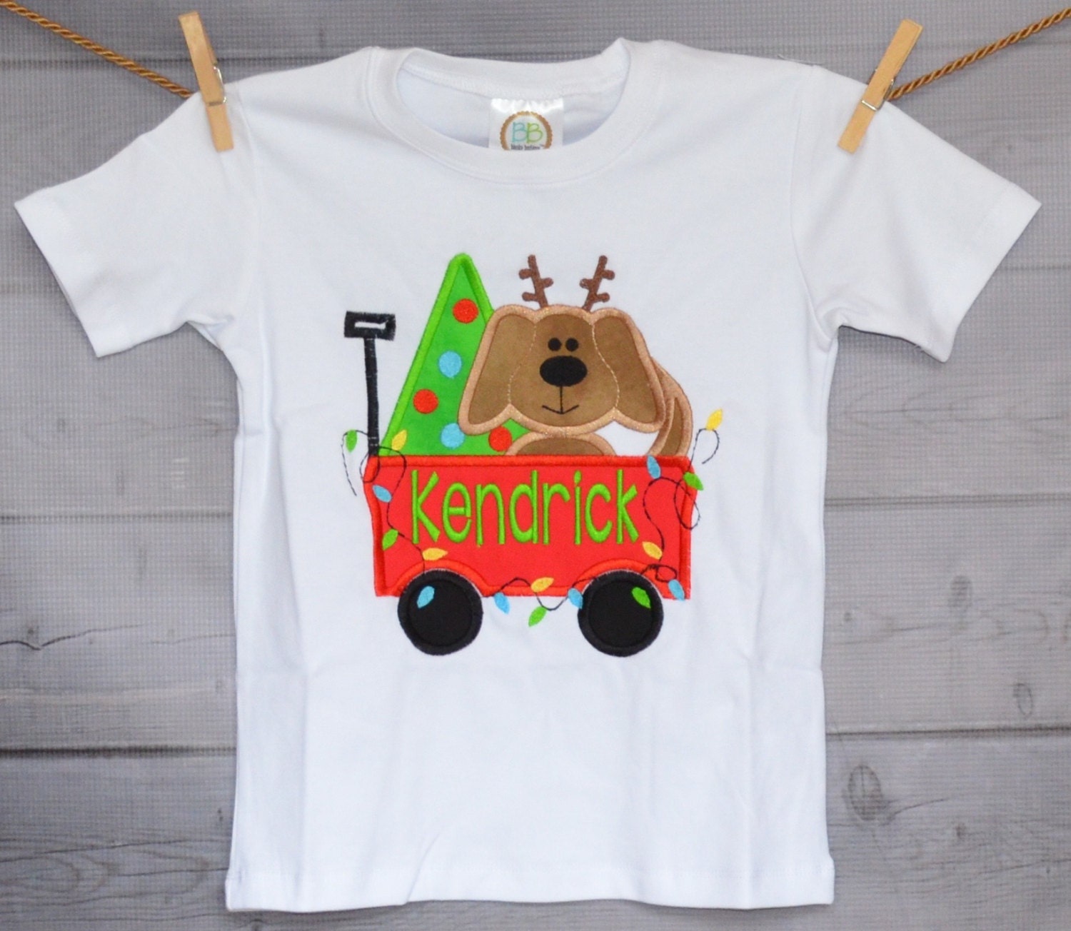 Christmas Dog in Wagon Applique Shirt Or Bodysuit Child, Baby Adult