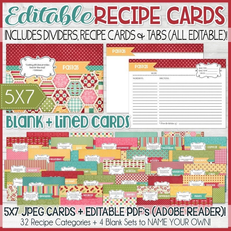 Editable Red 5x7 Recipe Card Printables, Book, Kit, Printable Cards - Not Instant Download