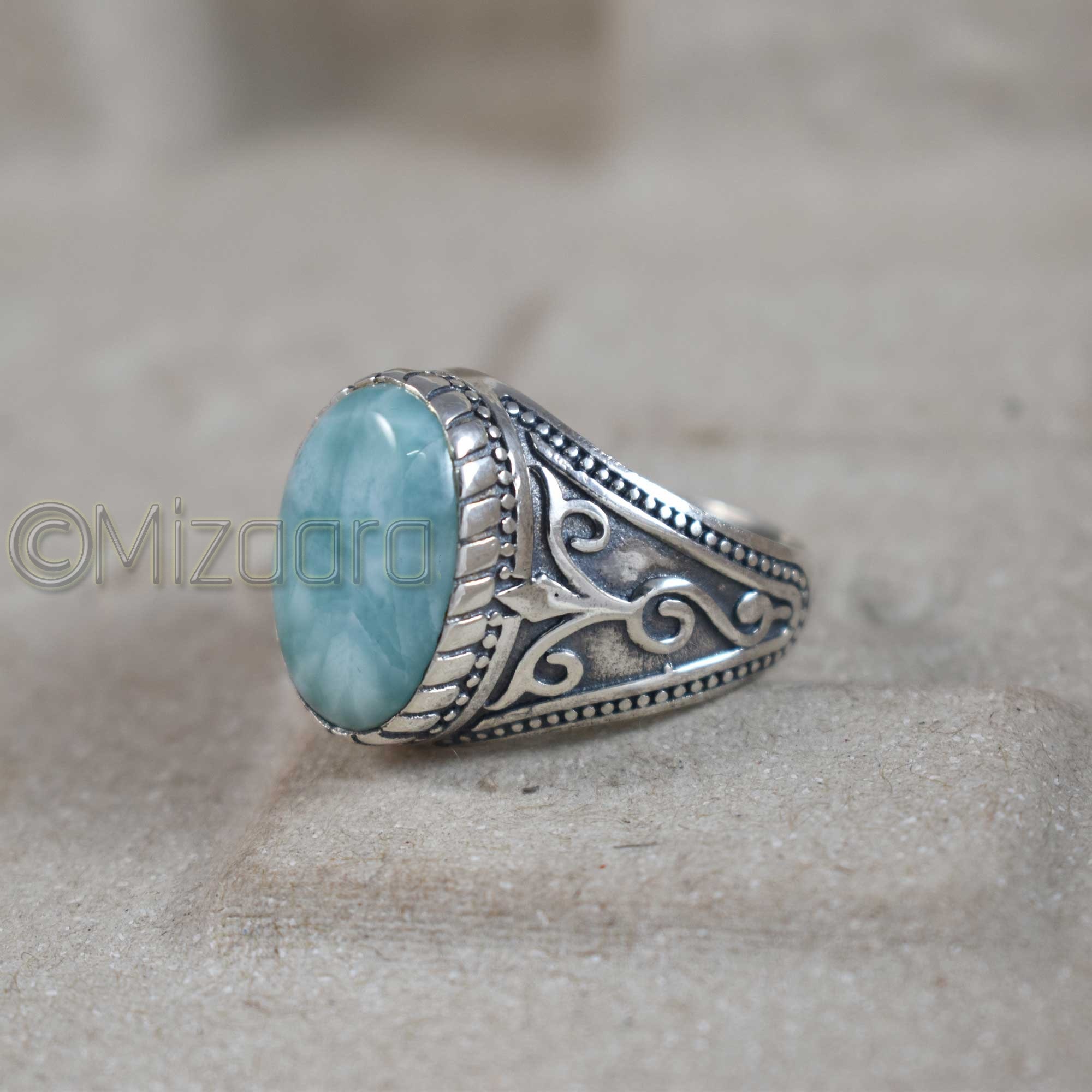 Dominican Larimar Pectolite Ring 925 Sterling Silver Middle Eastern Oxidized Blue Father's Day Gift Men's