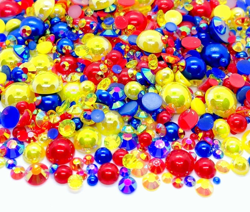 Primary Blend Rhinestone Mix 2mm-10mm Flatback Jelly Resin | Faux Pearls Mixed Size Red Blue Yellow