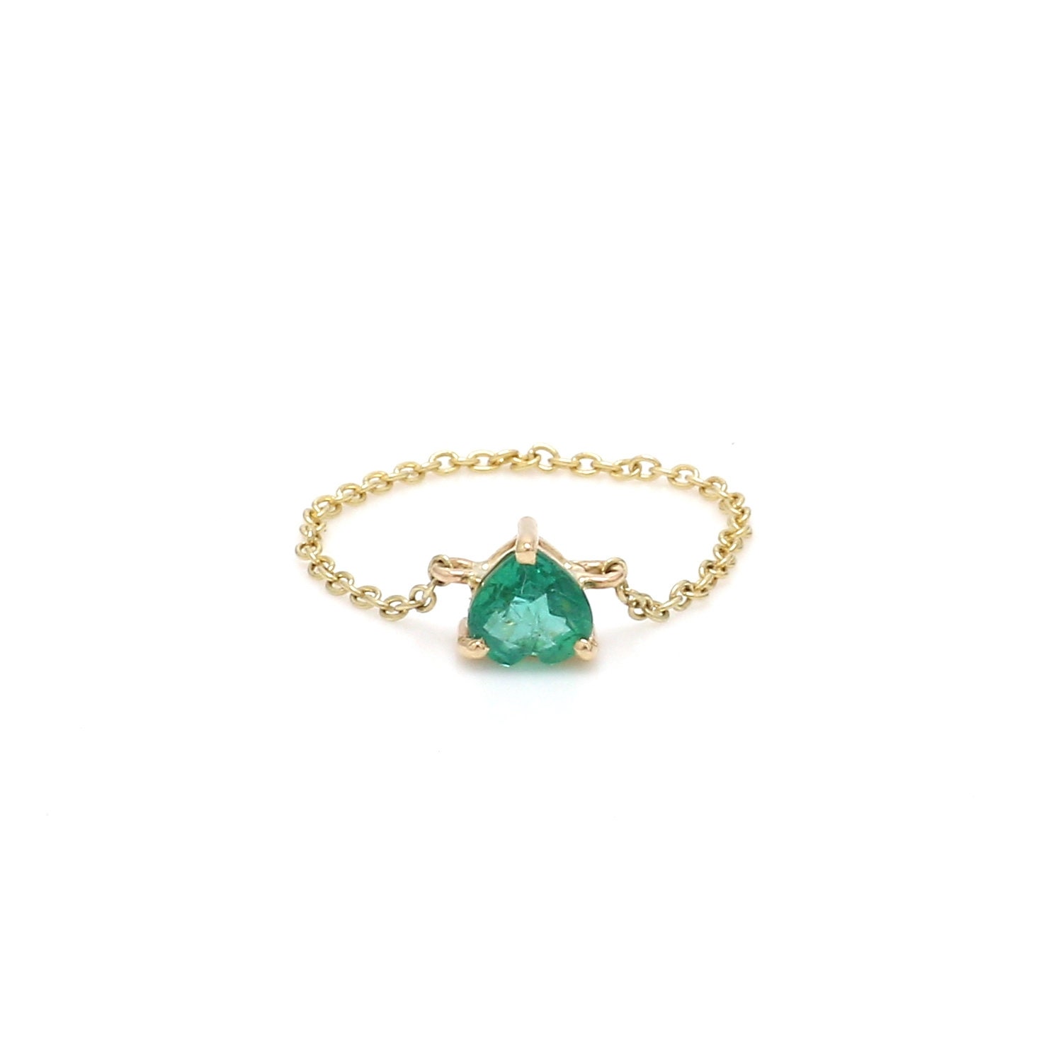 Emerald Heart 14K Solid Gold Chain Ring | Natural Emerald Cut Link Real Green Pinky Heart