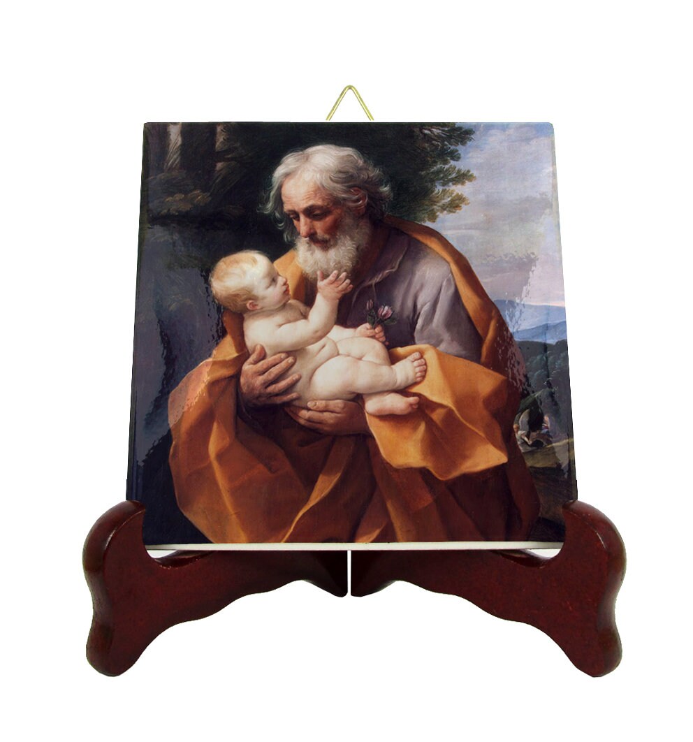 Saint Joseph & Child Jesus - St Icon On Tile Patron Saint Of Workers Gift For Father Saints Art Guido Reni