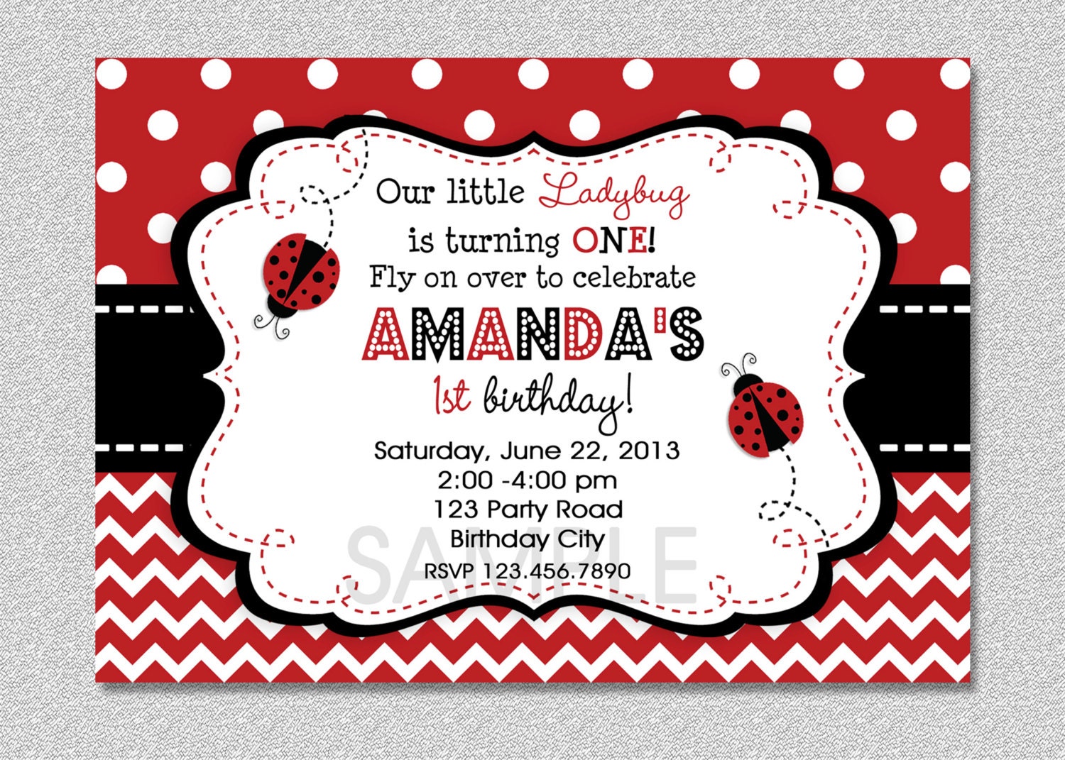 Ladybug Birthday Invitation, Red 1st Party Childrens Invitations, Printable