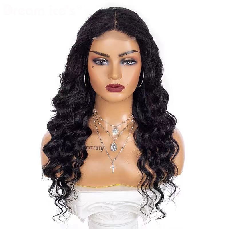 Wig Blended Human Hair Wig Lace Front Long Black Curly Wavy Middle Part For Women