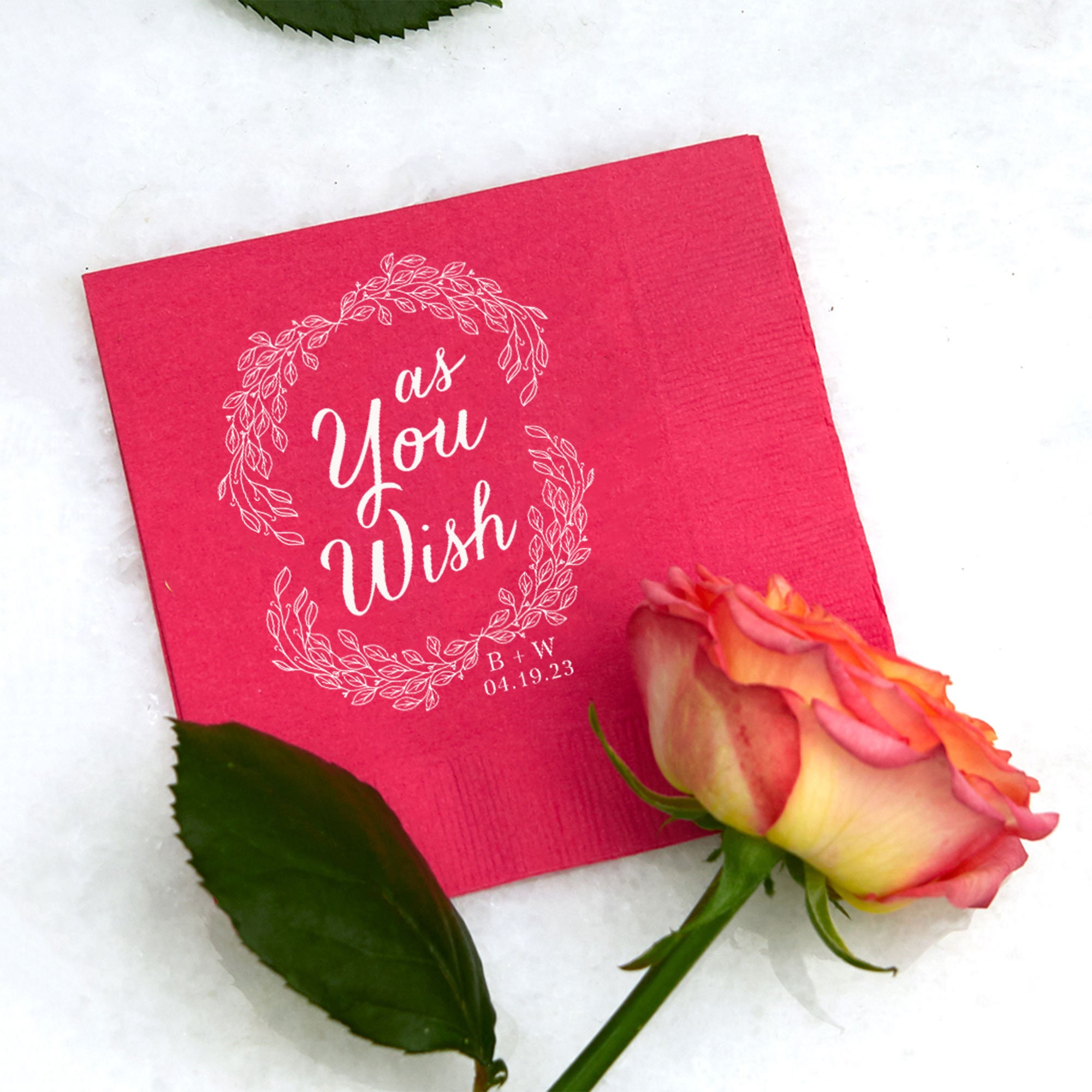 As You Wish - Personalized Wedding Cocktail Napkins Floral Wreath, Princess Bride, Reception Decor, Bridal Shower, Custom