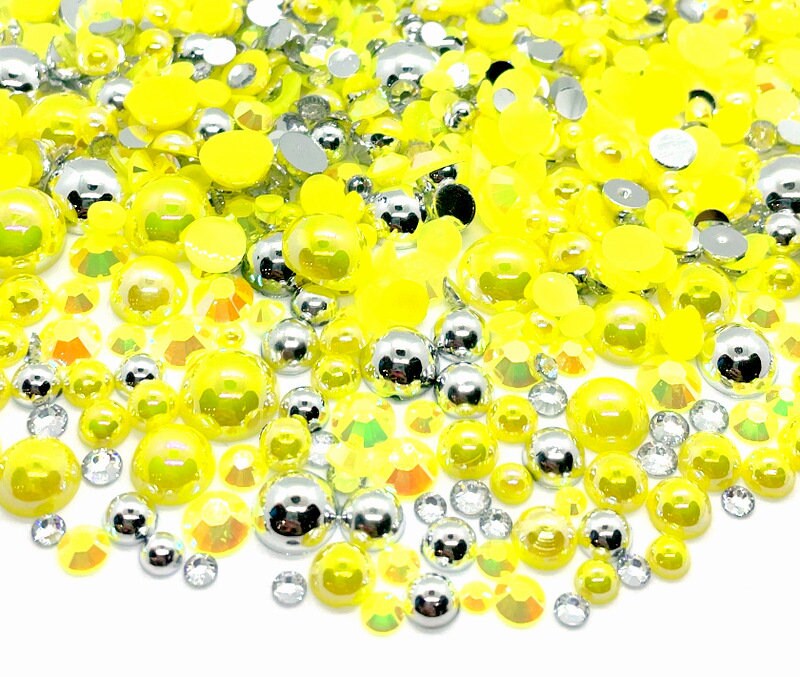 Leo Blend Rhinestone Mix 2mm-10mm Flatback Jelly Resin | Faux Pearls Rhinestones Mixed Sizes, Yellow Silver