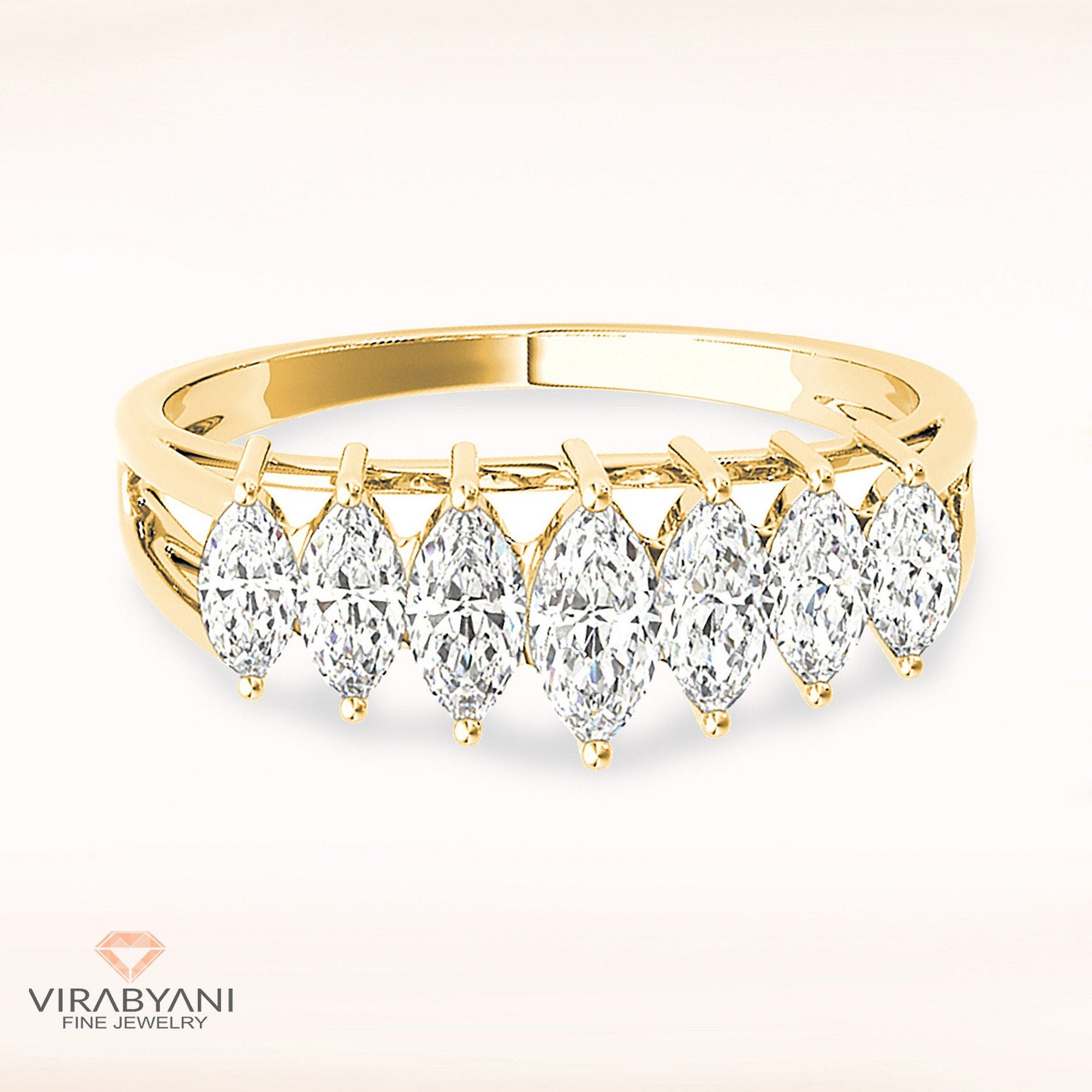 1.40 Ctw Marquise Cut Diamond Wedding Band - 14K/18K Solid Yellow Gold | Prong Set Anniversary Ring Modern Design