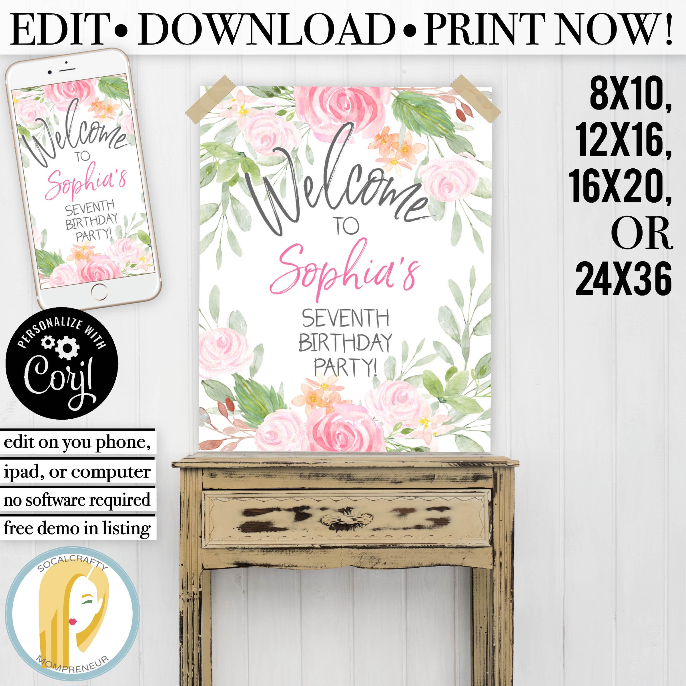 Editable Birthday Party Poster/Watercolor Floral Welcome Sign Custom Decor Print Corjl Printable 001