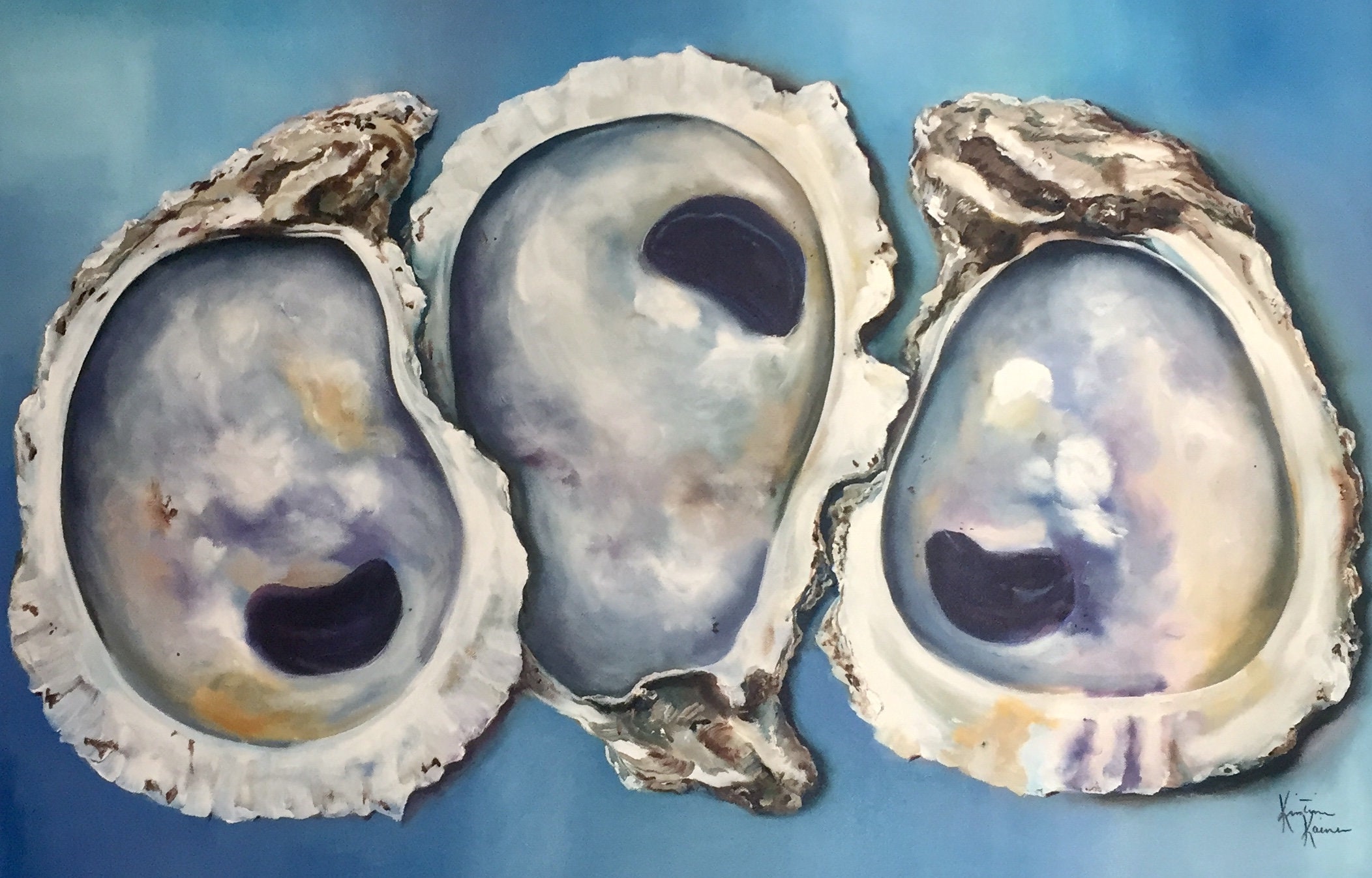 Oyster Shells On Blue Oysters Coastal Art Shellfish Seafood Original Oil Painting 36x24 By Kristine Kainer