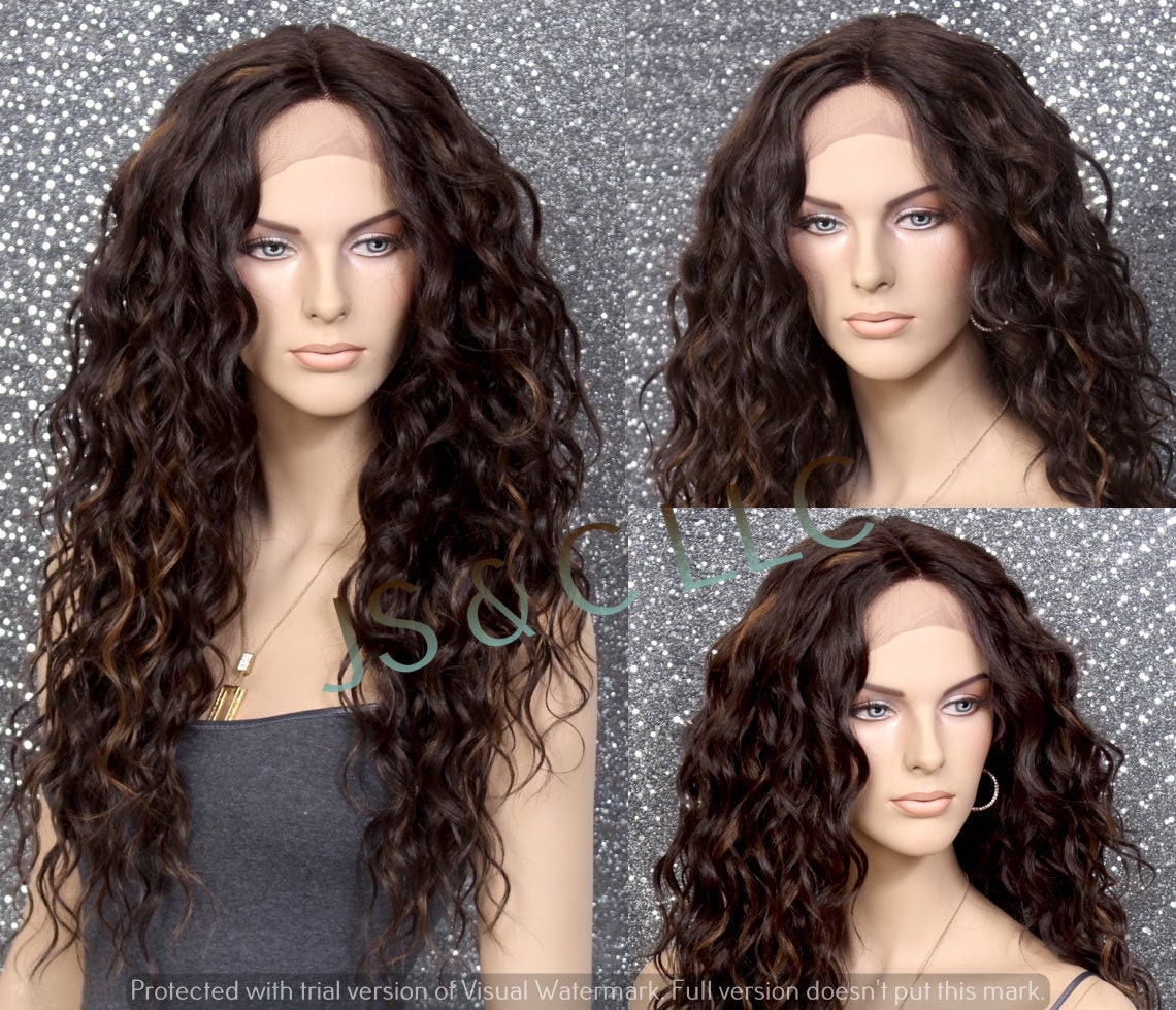 Care Free Curly Style Human Hair Blend Lace Front Wig Center Part Long Layered Brown Auburn Mixed Cancer Alopeica Emo Anime Cosplay