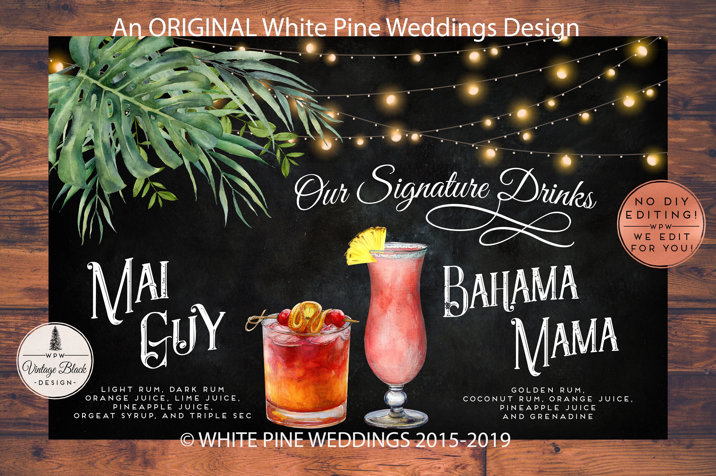 Tropical Beach Wedding Signature Drink Sign, Havana Nights Theme, Cocktail Greenery, Palm Leaves, String Lights