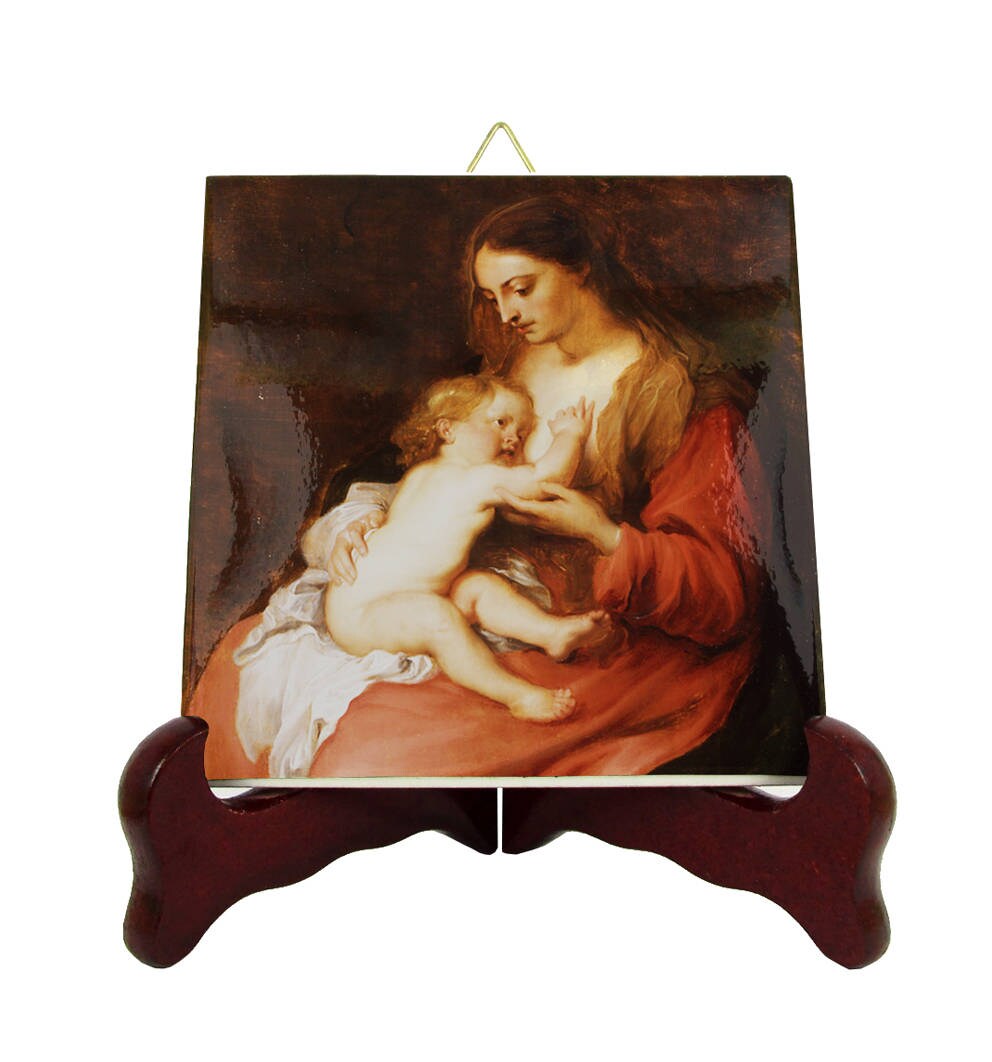 Religious Wall Hanging - Icon On Ceramic Tile Virgin & Child By Van Dyck Mary Image Decor Holy Gifts