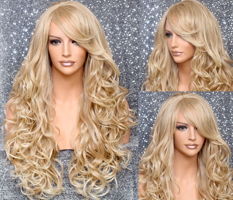 Blonde Mix Beautiful Human Hair Blend Curly Wig With Full Bangs Perect For First Time Wearer Or Cancer/Alopecia/Cosplay/Theater