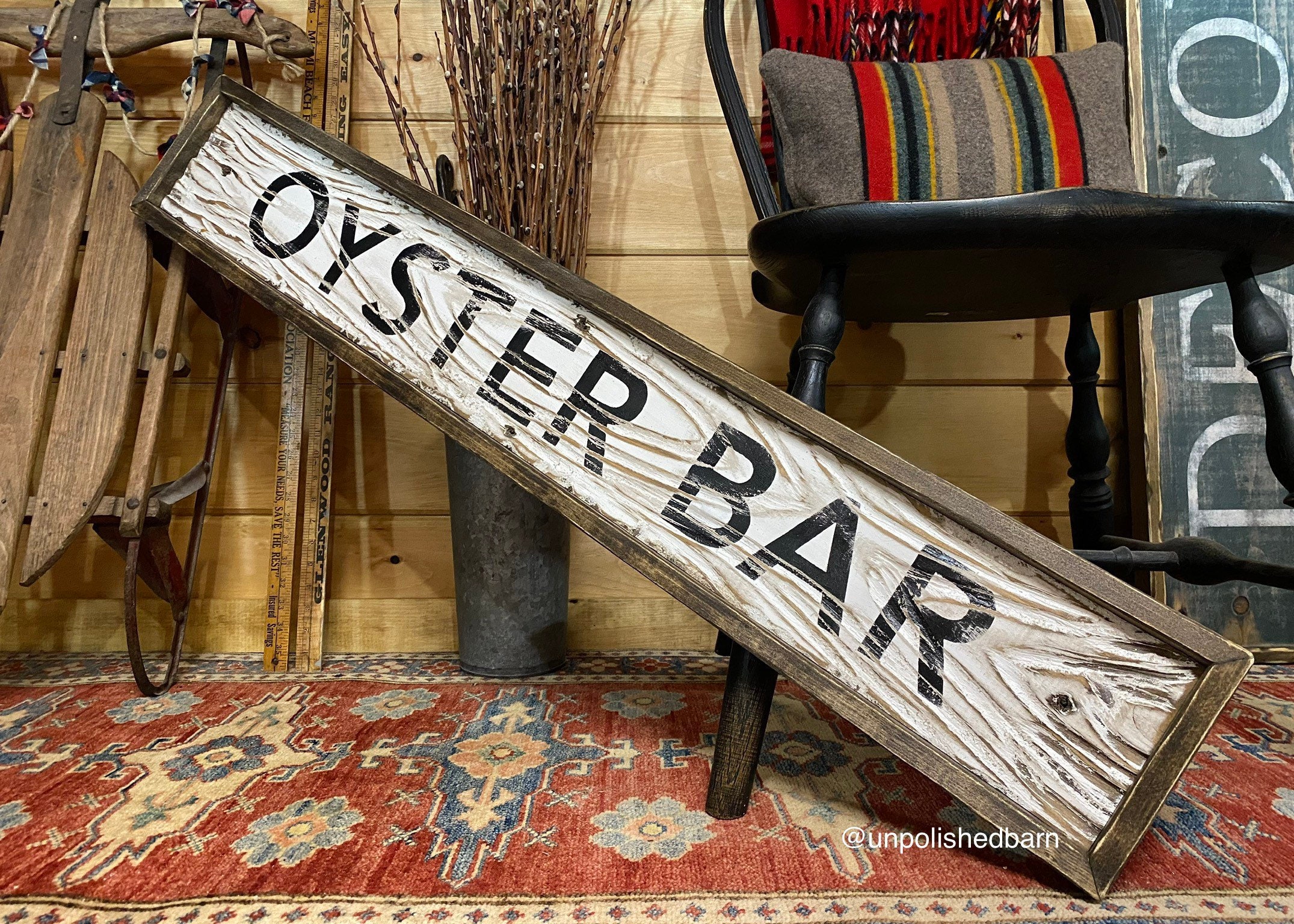 Rustic Oyster Bar Sign, Wood Seafood Coastal Beach Decor, Nautical Home Kitchen, Wall Distressed