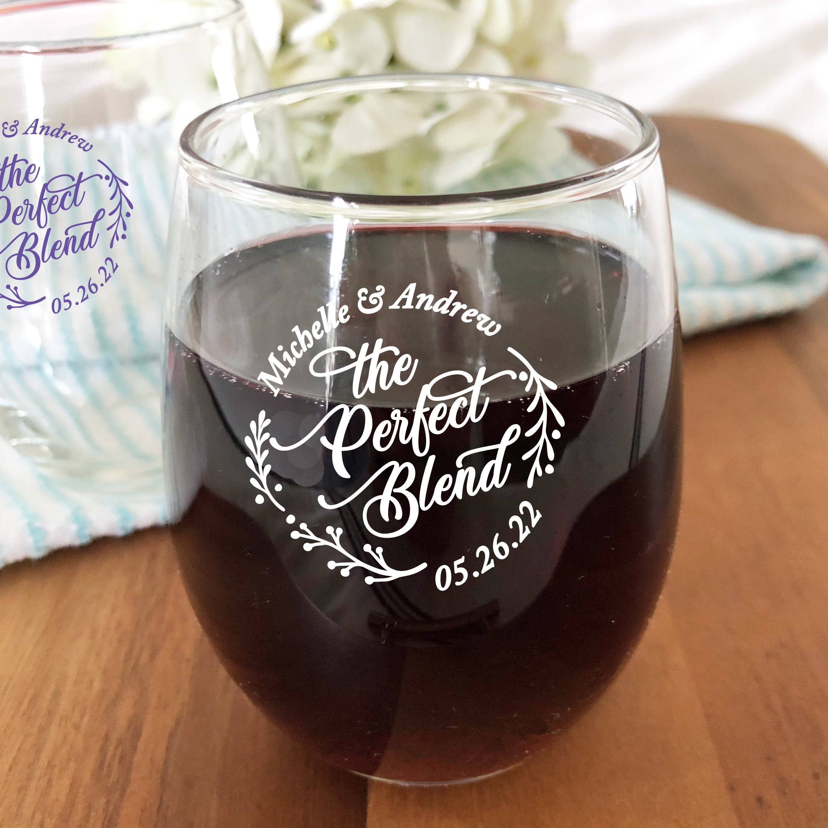 Set Of 24 | The Perfect Blend Personalized Custom Stemless 9 Ounce Glass Wine Box Sold Separately Wedding Favors| Dm19Z18