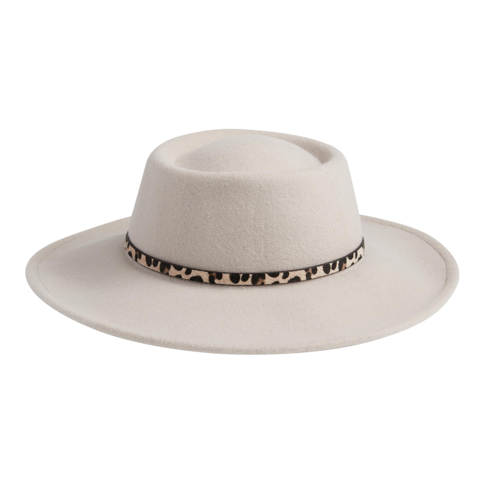 White Wool Flat Top Hat With Cheetah Trim by World Market