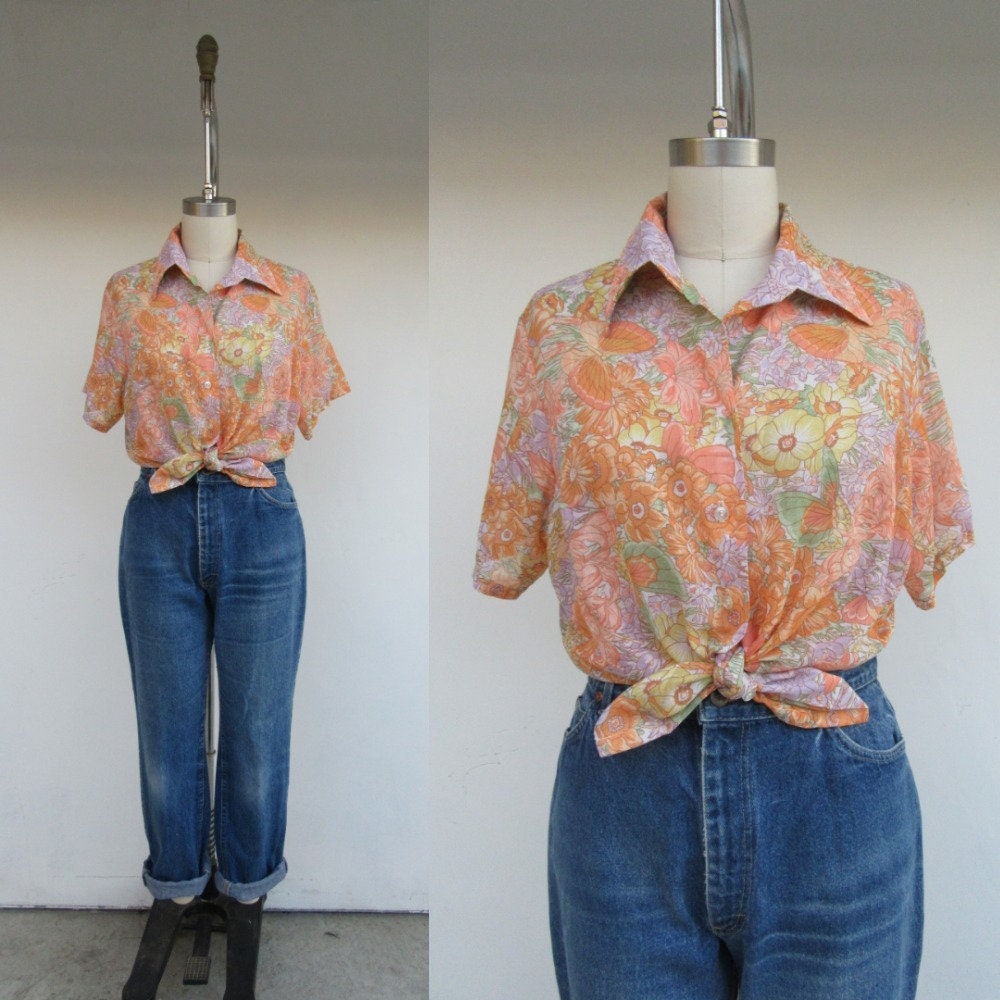 80S Boxy Fit Cotton Blend Button Front Floral Butterfly Blouse | 70S Oversized Top Shirt L