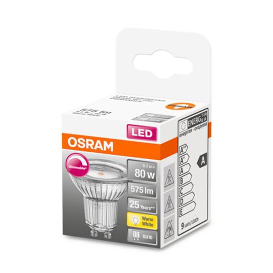 OSRAM-LED-lasi-heijastin GU10 8,3W 927 120° dim