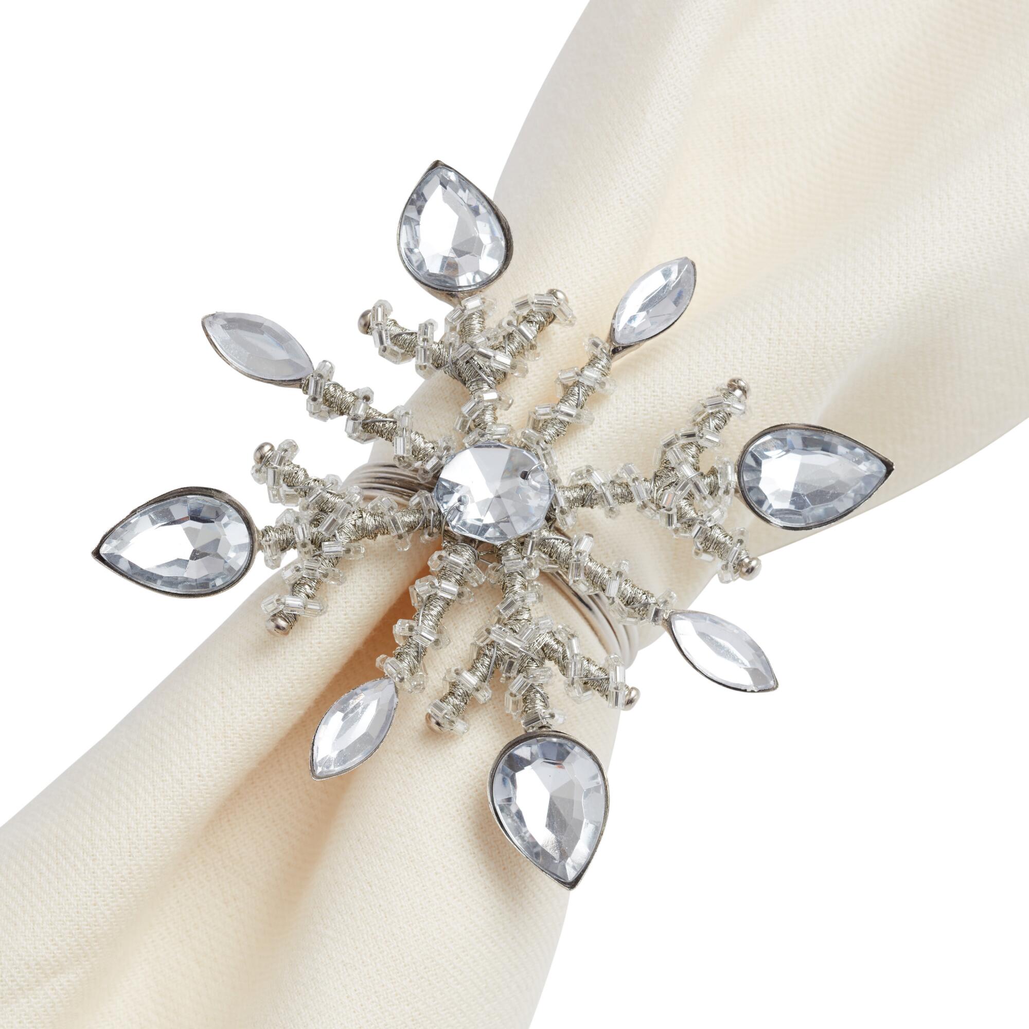 Pier Place Beaded Snowflake Napkin Rings Set of 4: White/Silver - Glass by World Market