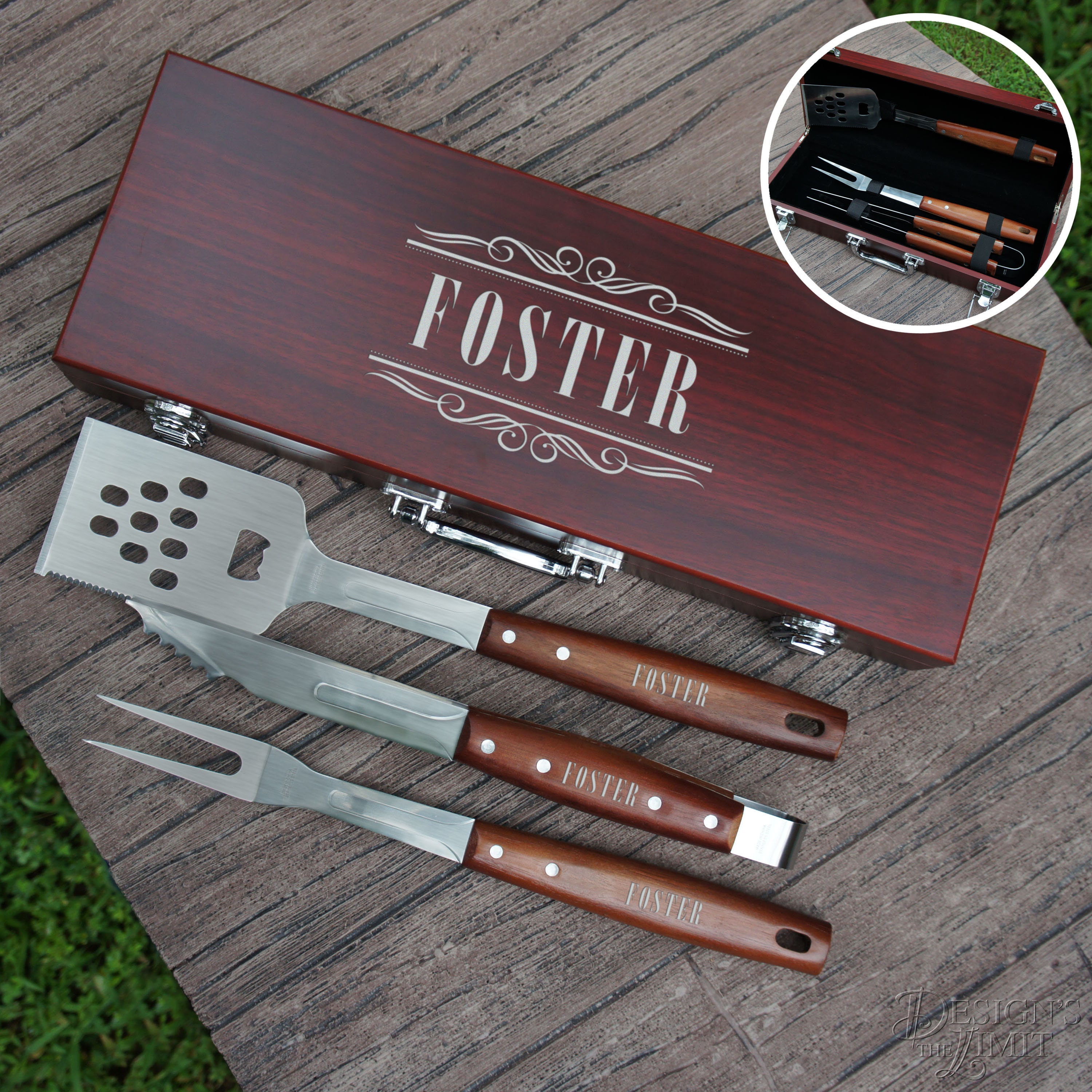 Personalized Bbq Tool Set Engraved With Design Options & Font Selection | Each with Three Piece in Rosewood Case