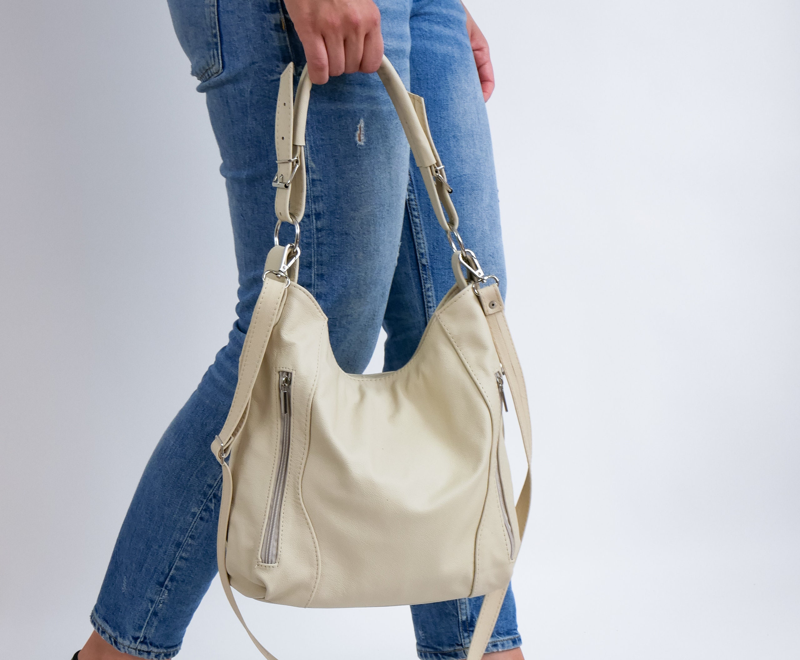 Beige Leather Hobo Bag - Shoulder Crossbody Purse For Woman Everyday Leather Handbag Gx