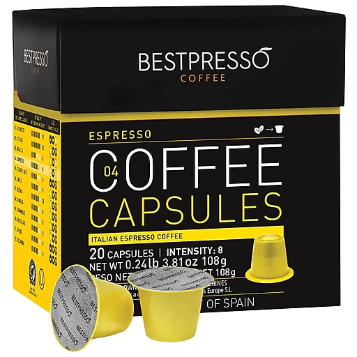 Bestpresso Compatible Nespresso Pods, Espresso Blend, Light Intensity, 20 Capsules per Box (BST10416)