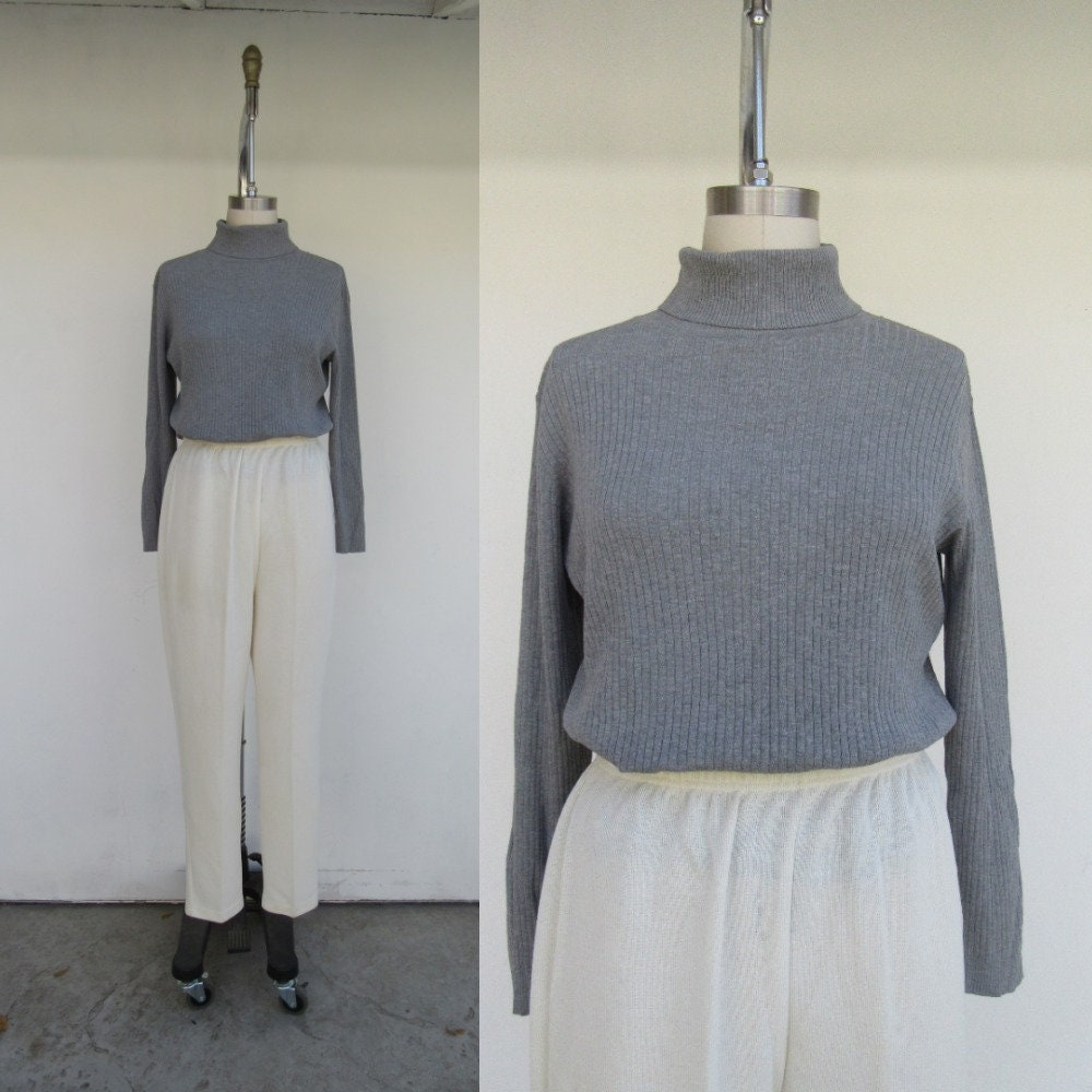 90S Roll Neck Gray Silk Blend Knit Long Sleeve Turtleneck Top | Mockneck Sweater Jumper L Xl