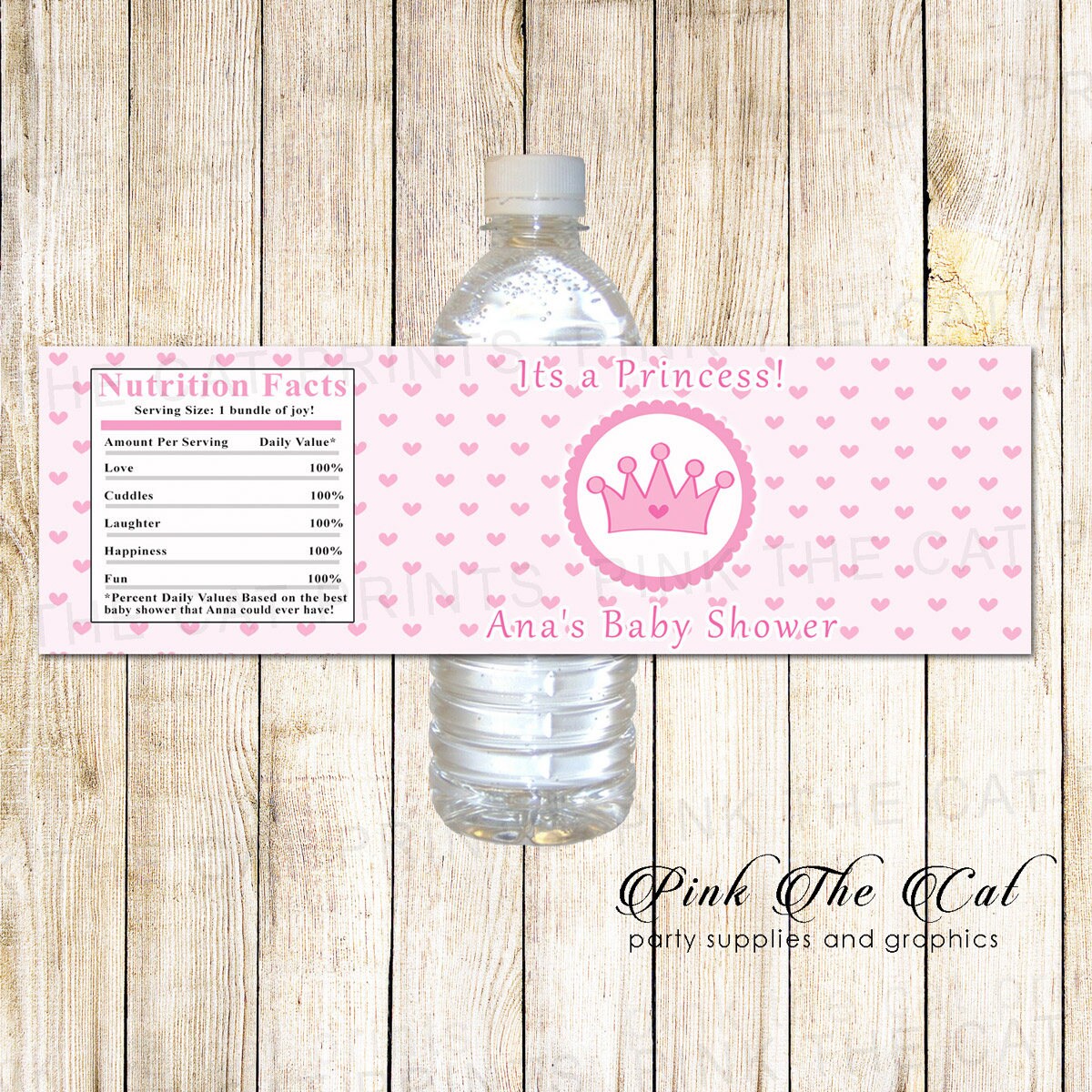 Princess Water Bottle Label, Pink Hearts Printable Wrapper Baby Shower Label Birthday