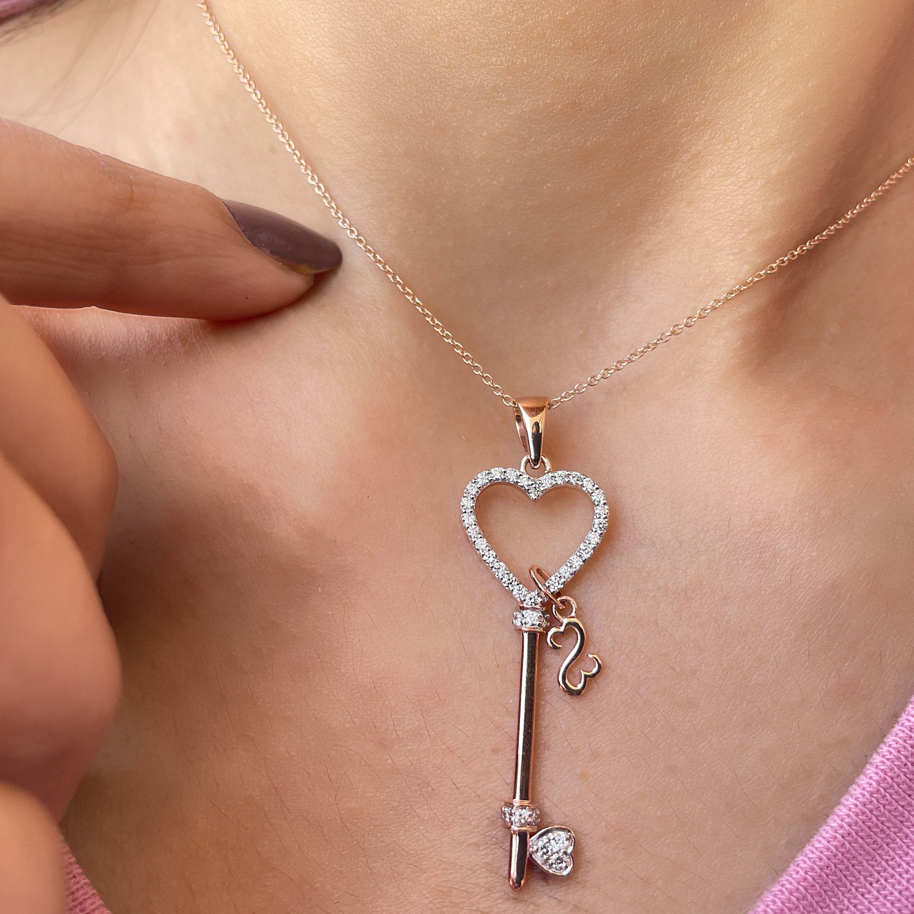 1/2 Ct Diamond Key Pendant, Heart Necklace, Pave Stackable Pendant