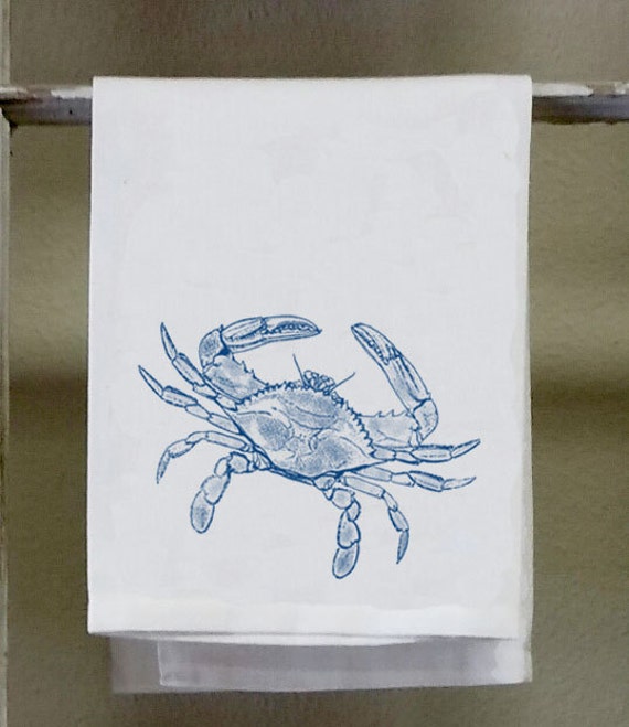 Blue Crab, Burnt Red Kitchen Towel, Dish Illustration , Can Be Personalized Nautical, Coastal, Seafood