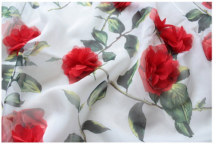 57Width Fairy Red Stereoscopic Rose Green Leaf White Black Chiffon Fabric For Dress Wedding Decoration 0.5Yard