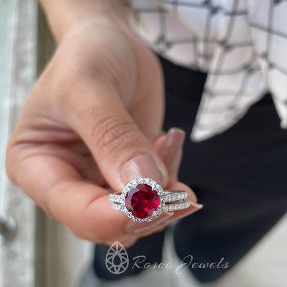 3.25 Ct Created Ruby Engagement Ring, & Moissanite Eternity Band, Halo Ring Set