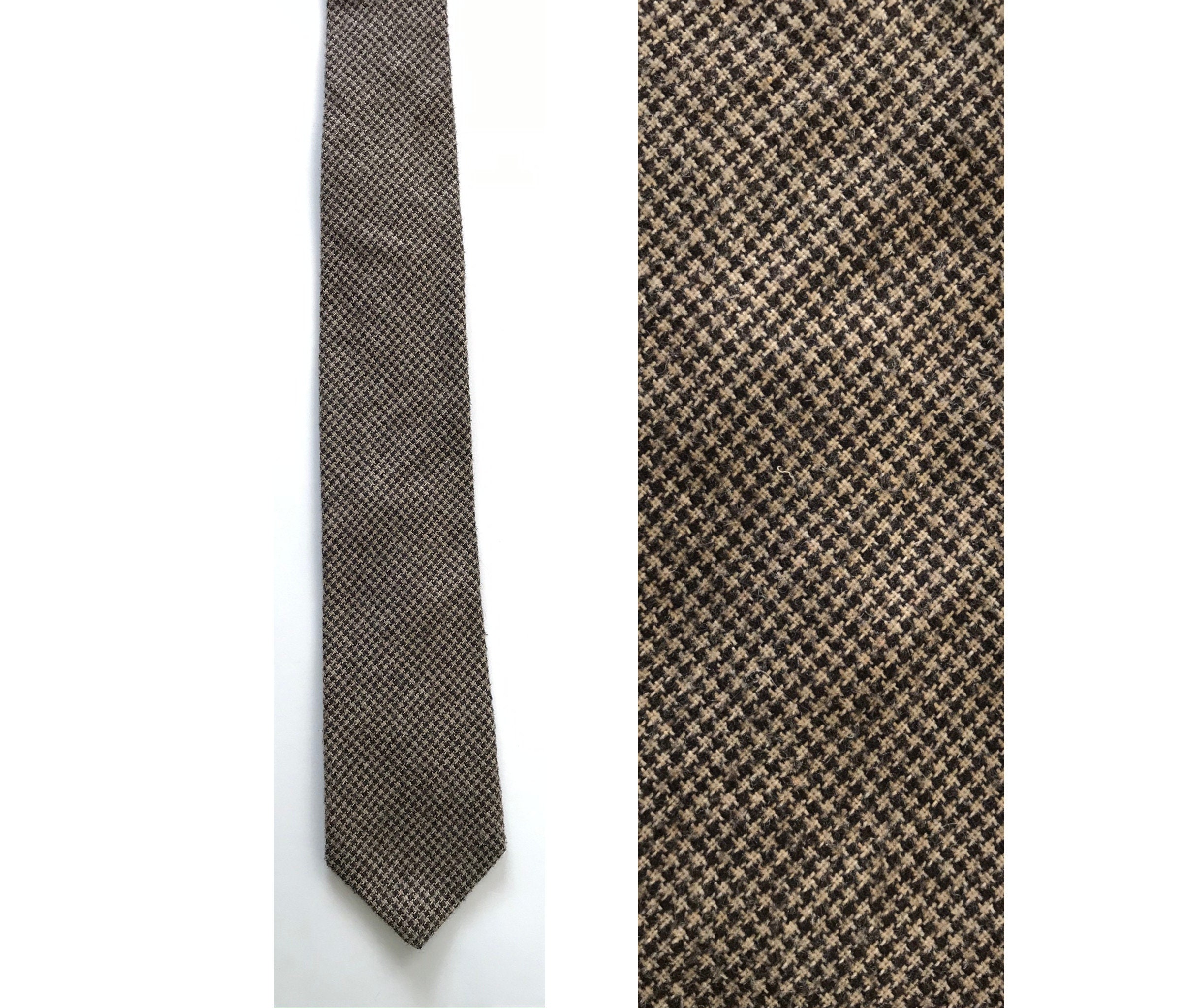 80S Brown Check Wool Blend Tie, Vintage Print Necktie, Classic Checkered Tie