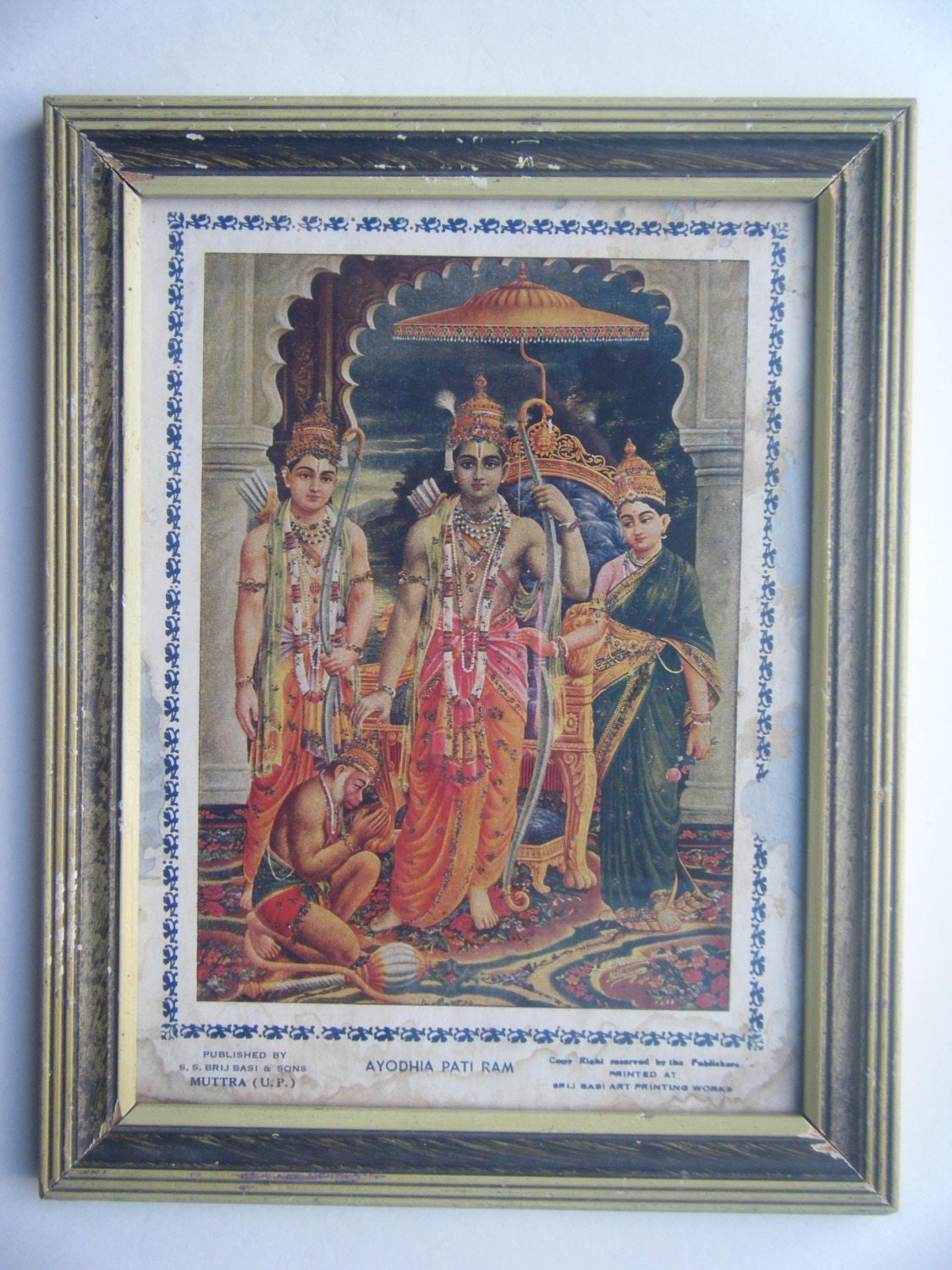 Rama Laxman Sita & Hanuman Ramayana Collectible Original Print in Old Wooden Frame #2789