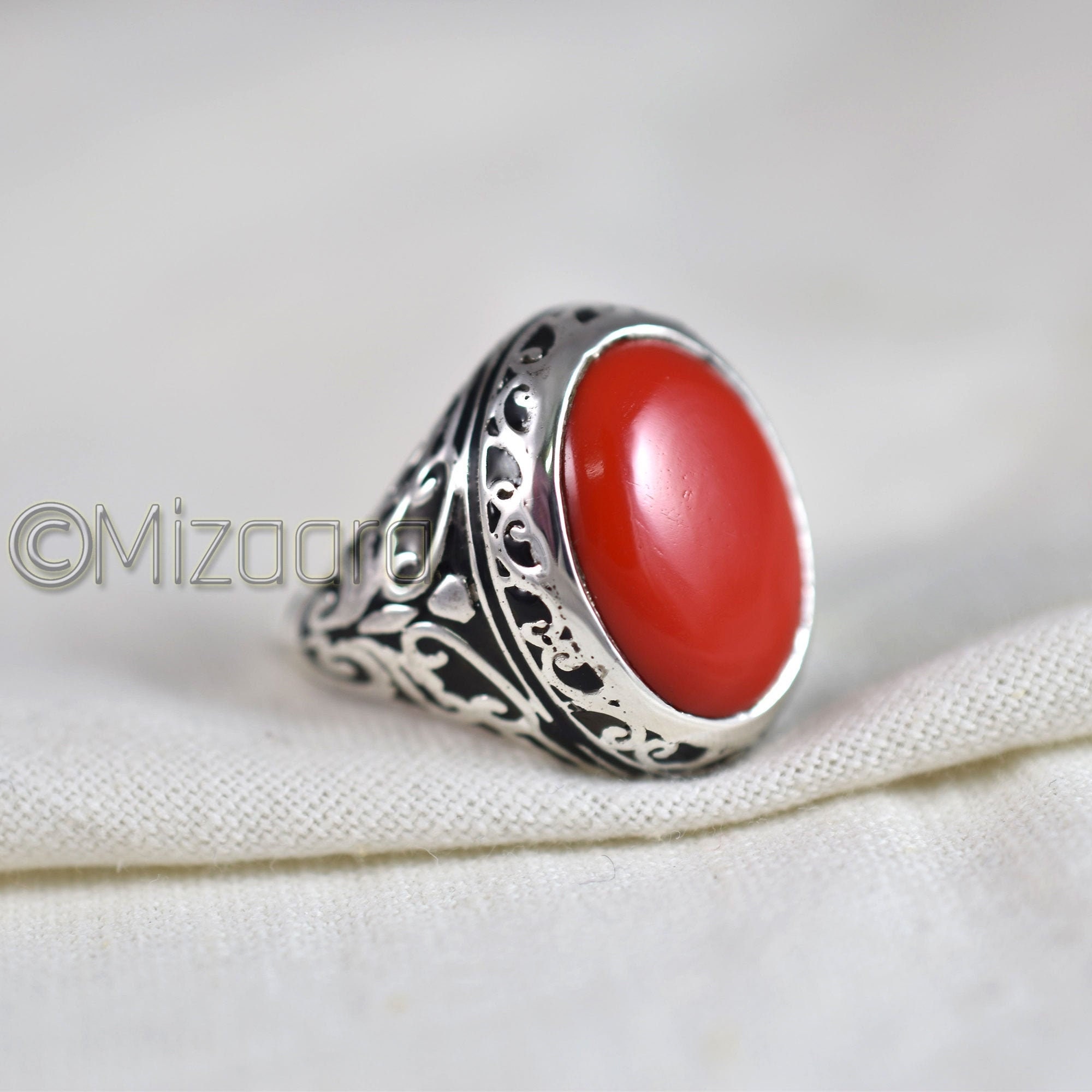 Coral Gemstone Silver Ring Sterling Red Gemstone Handmade Signet Jewelry Arabic Gift Smooth Enameled