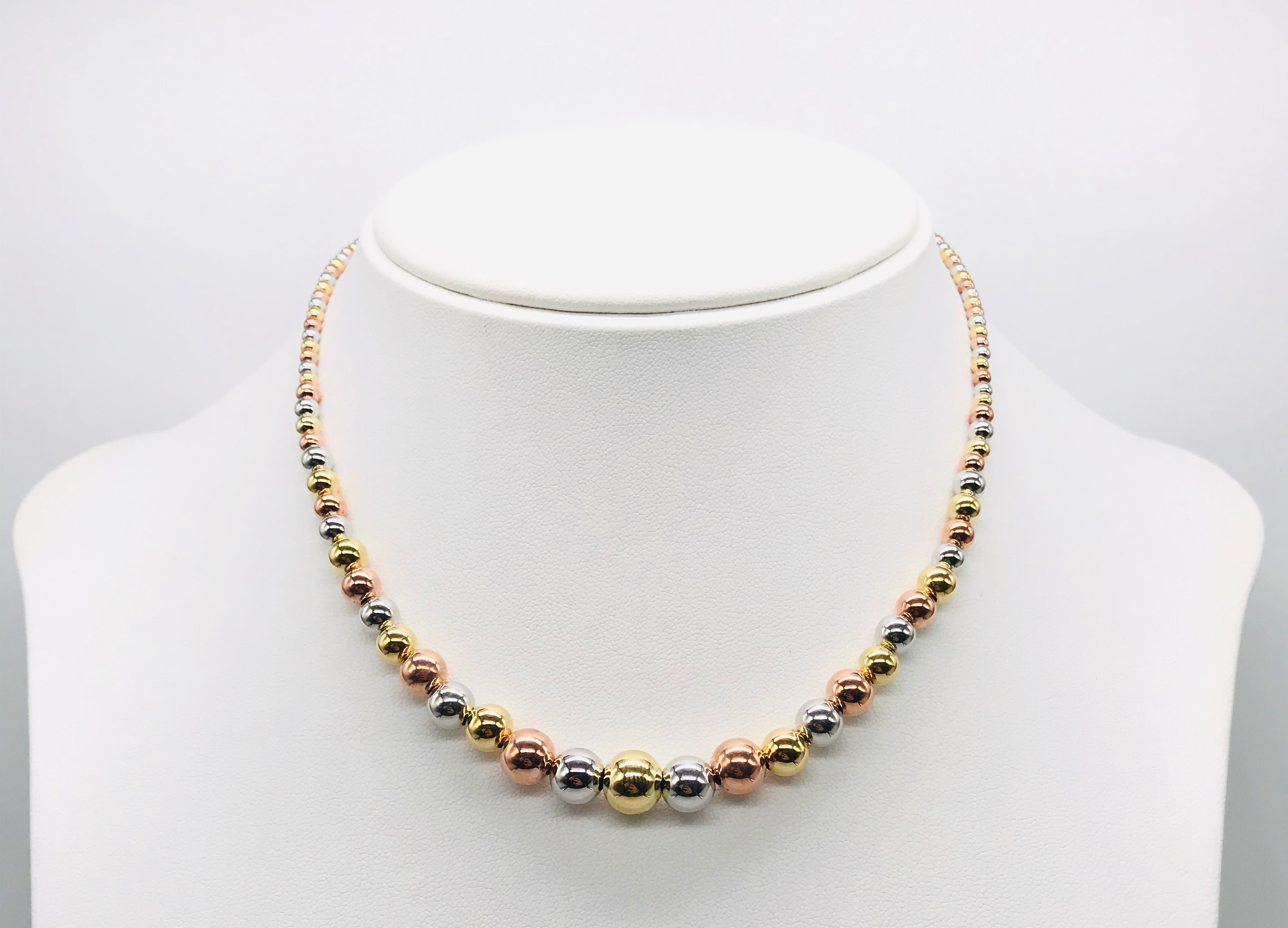 18K Yellow White & Rose Gold Necklace For Women Spheres Women's Necklace Tri-Color Beaded Great Gift Her