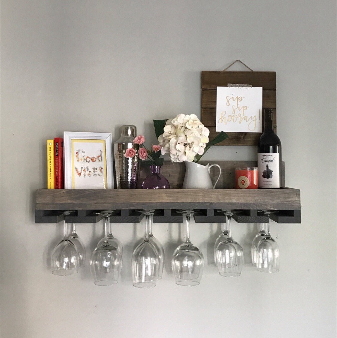 Wood Wine Rack Shelves | The Ryan Wall Mounted Shelf & Hanging Stemware Glass Holder Organizer Bar Unique Rustic Shelvez