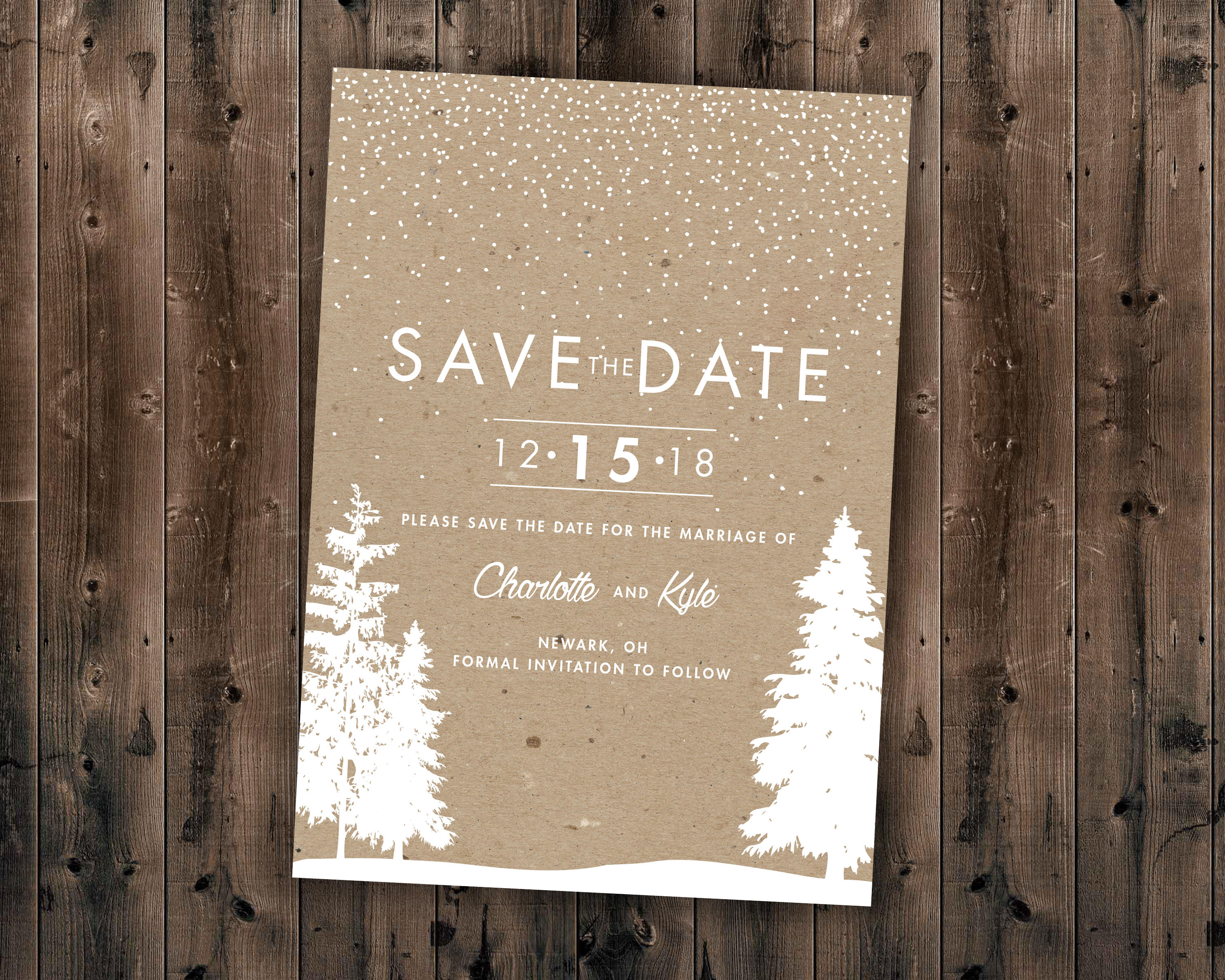 Winter Wedding Save The Date Printed, Snow, Woodsy, Rustic, Tree, Cheap, Woods, Affordable, Kraft, December, January, Christmas