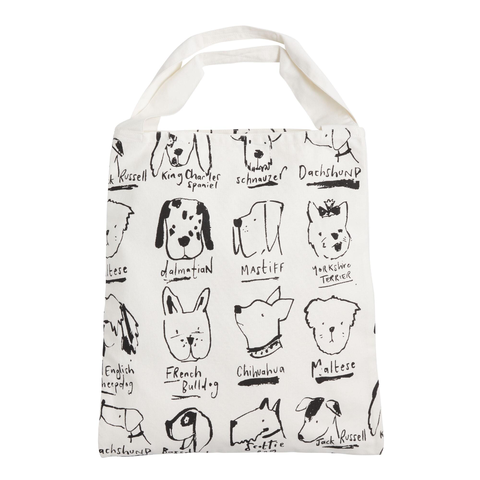 Large Black And White Illustrated Dogs Canvas Tote Bag by World Market