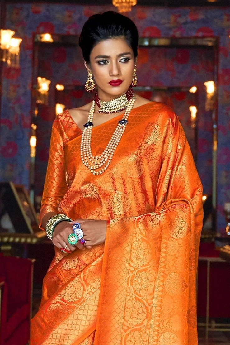 Apricot Orange & Golden Blend Woven Banarasi Saree With Blouse For Women Wedding Wear Party Festive Traditional Designer