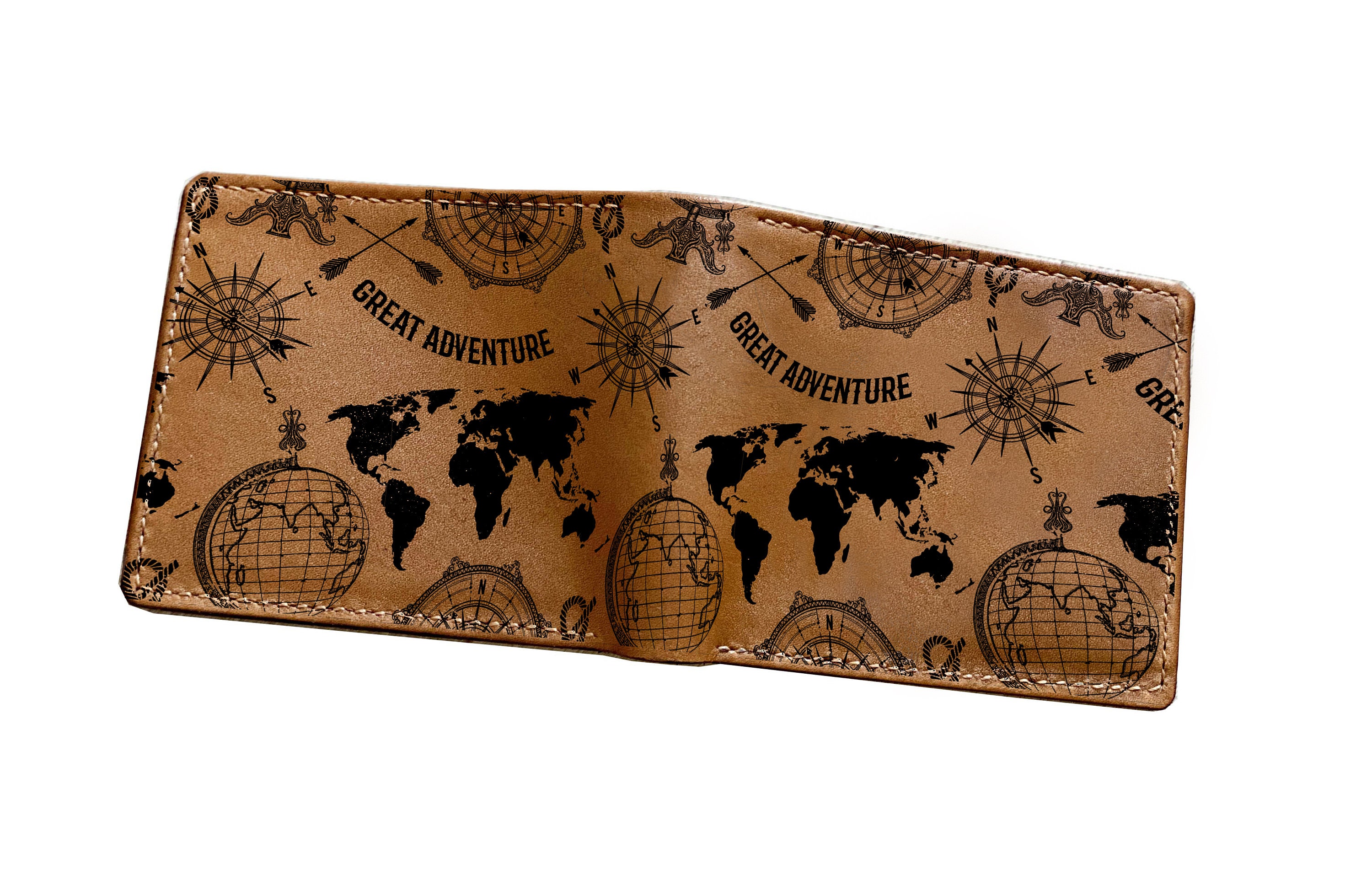 Custom Travelling Pattern Men's Wallet, Personalized Leather World Map Gift, Anniversary Gift For Men