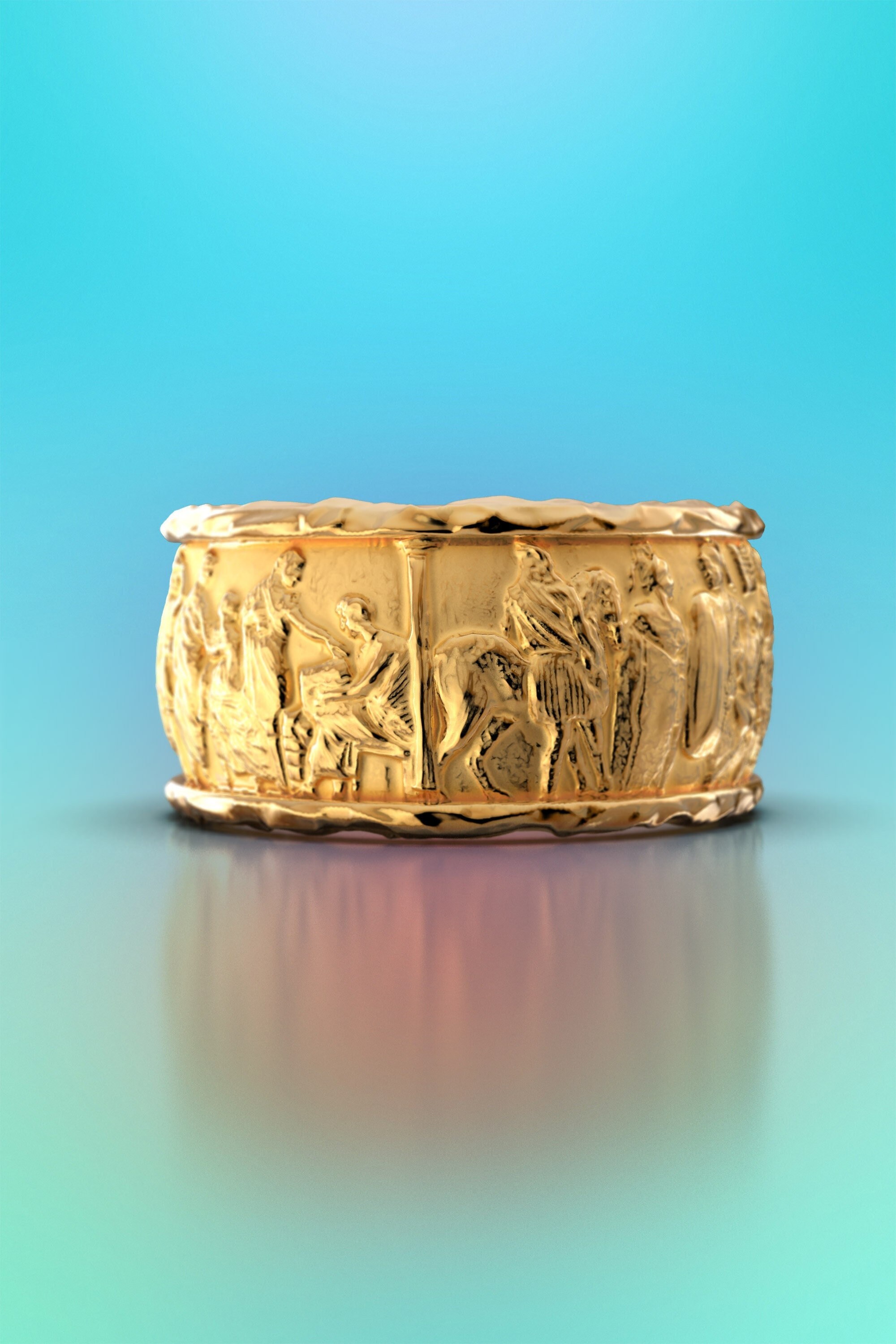 Sculptural Gold Ring Jewelry, 14K Carved Ring. 18K Solid Band Made in Italy, Bas Relief Italian Jewelry