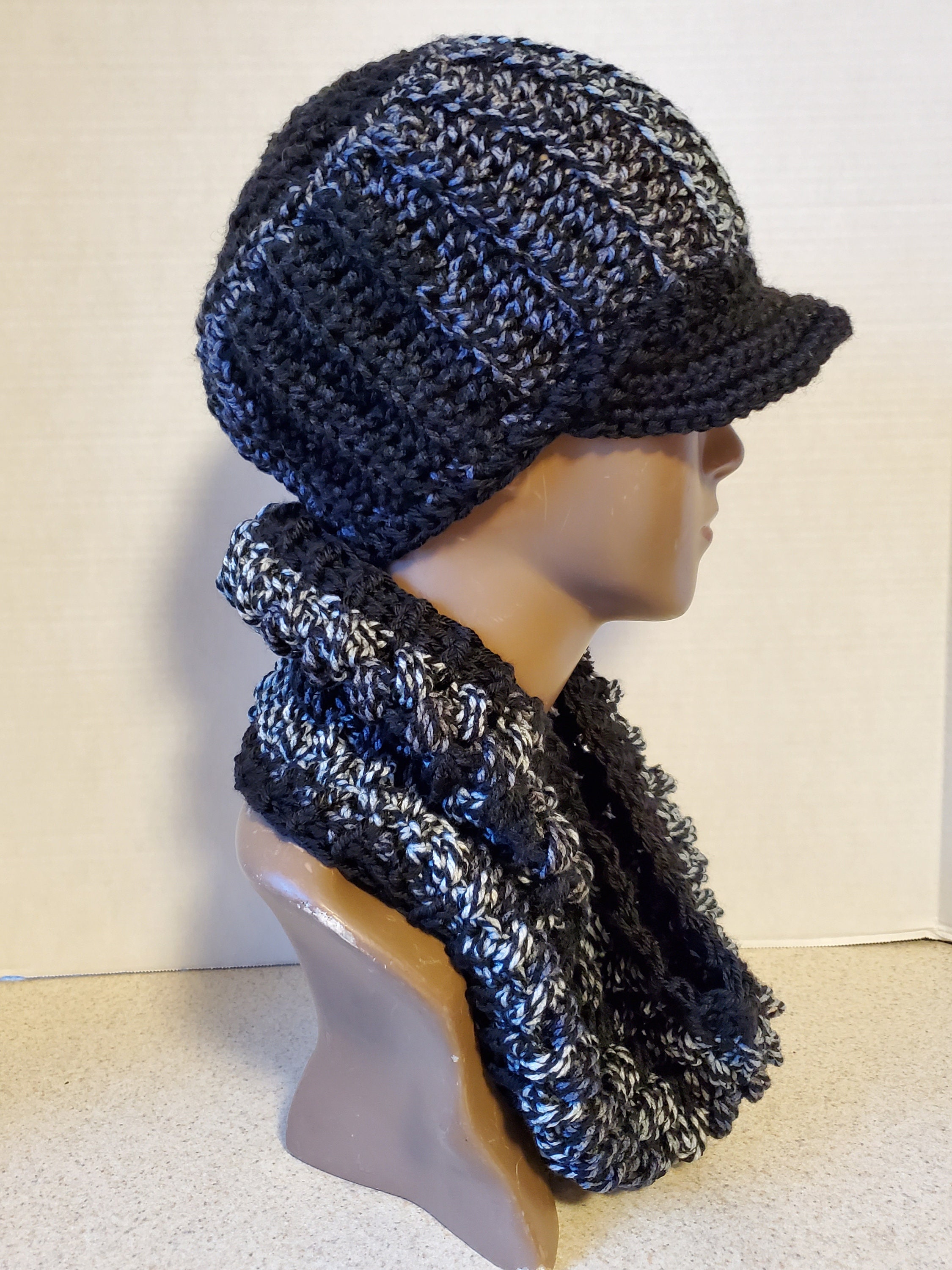 Black & Grey Blend Hat Neckwarmer Set - Cowl, Cap, Crochet Hat Set Handmade Cap Scarf Custom Colors