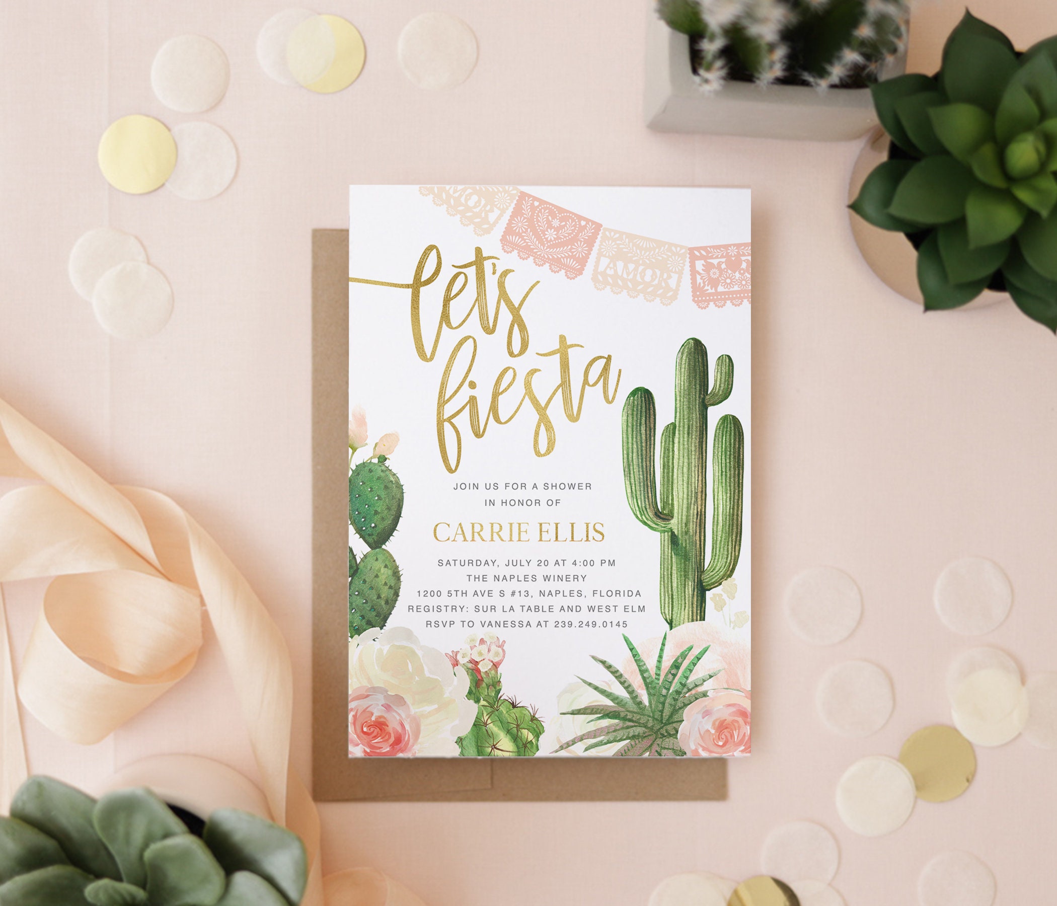 Let's Fiesta Bridal Shower Invitation, Cactus Boho Mexican Theme Shower, Carrie