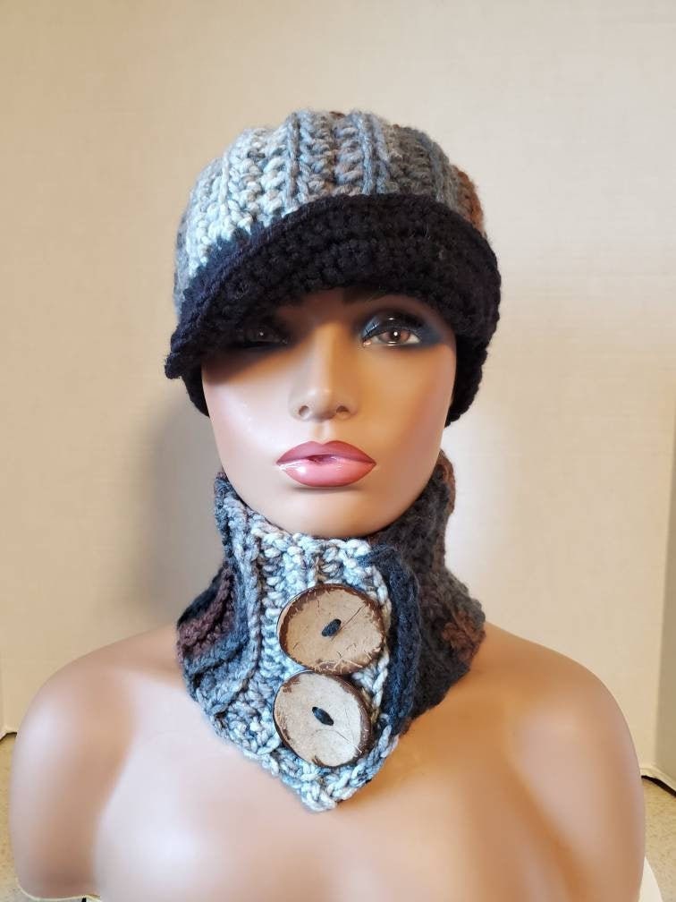 Black-Brown & Gray Blend Crocheted Hat Scarf - Scarf- Cowl- Matching Hat- Newsboy Button -Bib Crochet