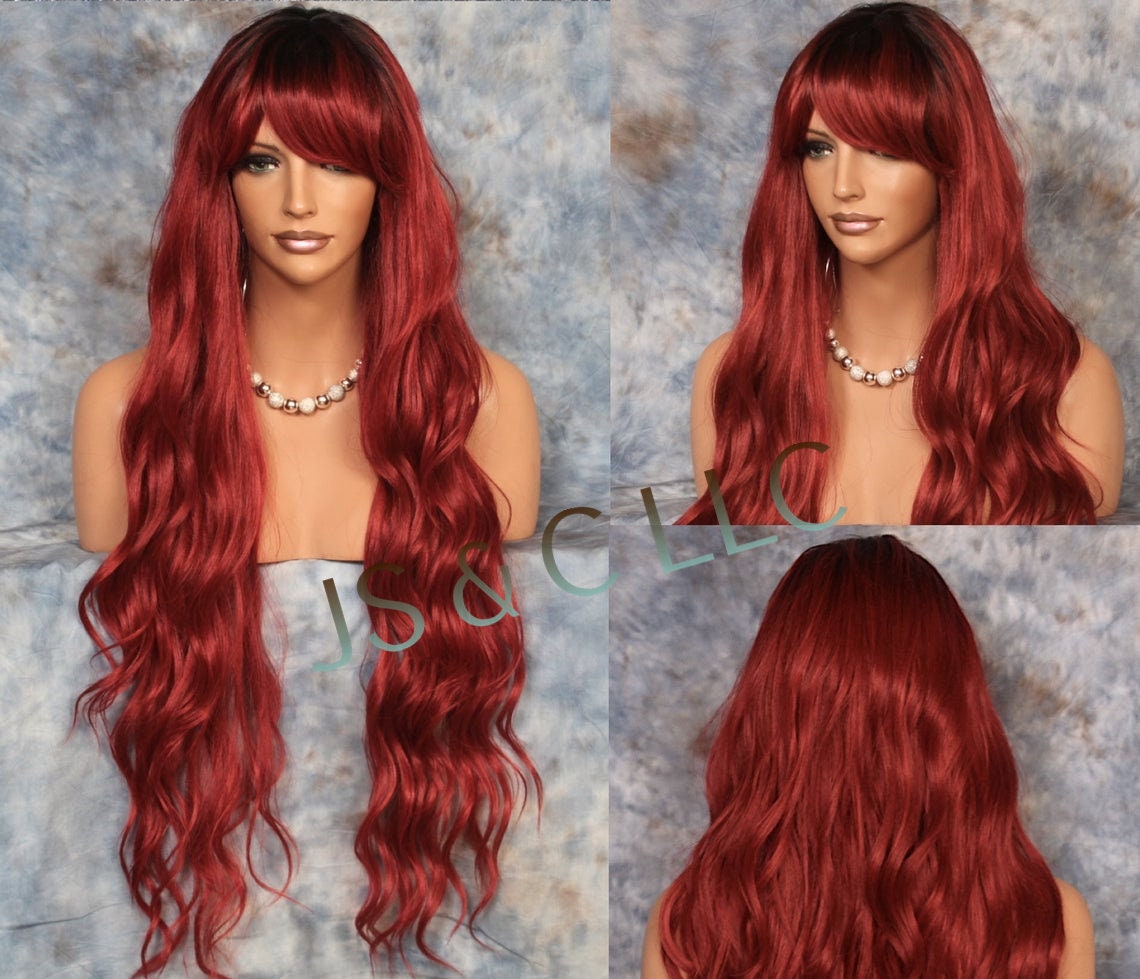 Extra Long Wig Red Wine Human Hair Blend Wavy With Full Bangs Cancer/Alopecia/Cosplay