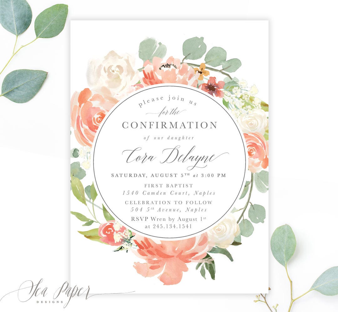 Girl Confirmation Invitation Floral Blush Pink, Peach, White Garden Florals & Greenery, Scripture Modern - Printed Or Printable Cora